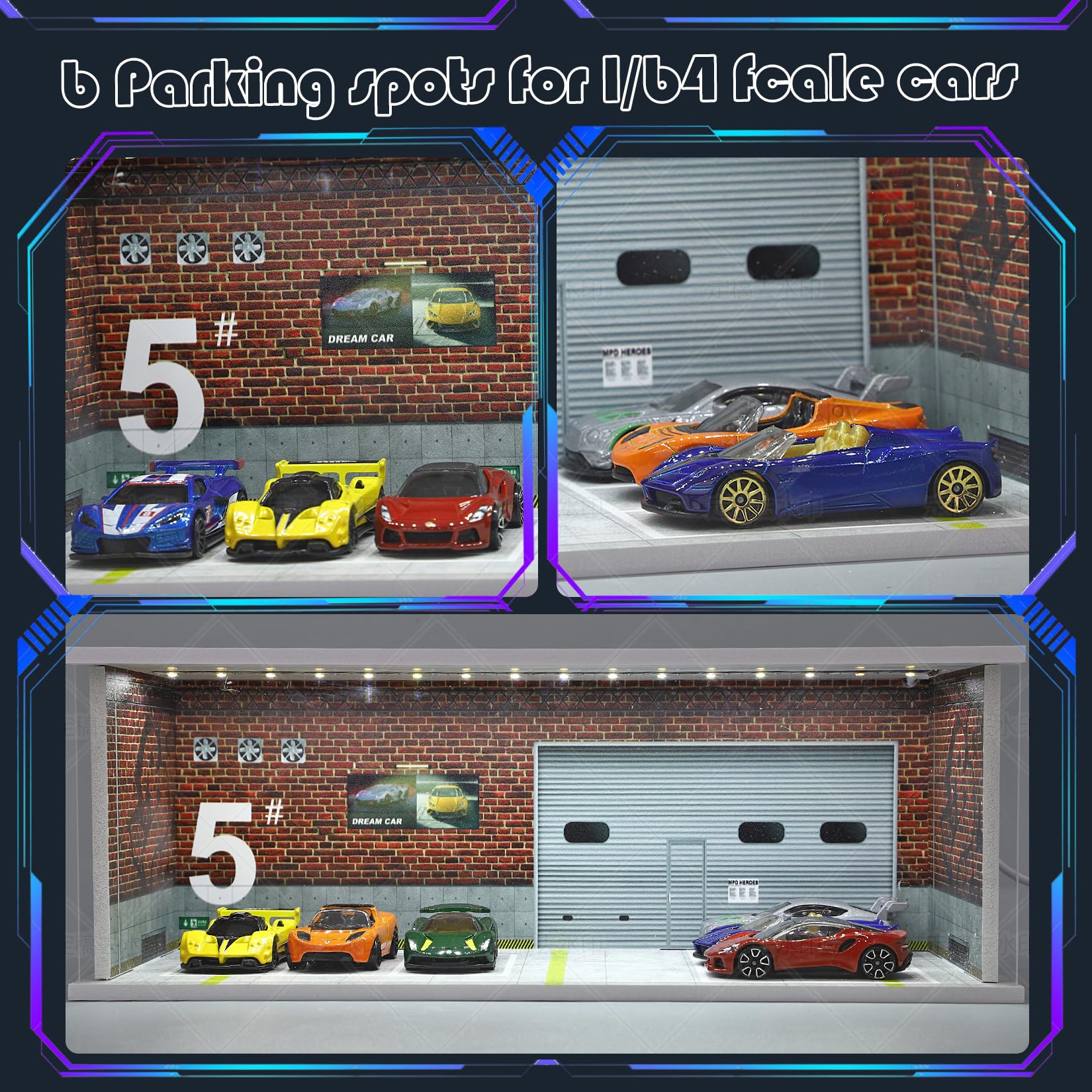 Saichotoy Vitrine pour Hot Wheels : garage de stationnement empilable pour boîte d'allumettes à l'échelle 1/64, rangement en mousse pour camions monstres avec lumière LED et couvercle acrylique, cri