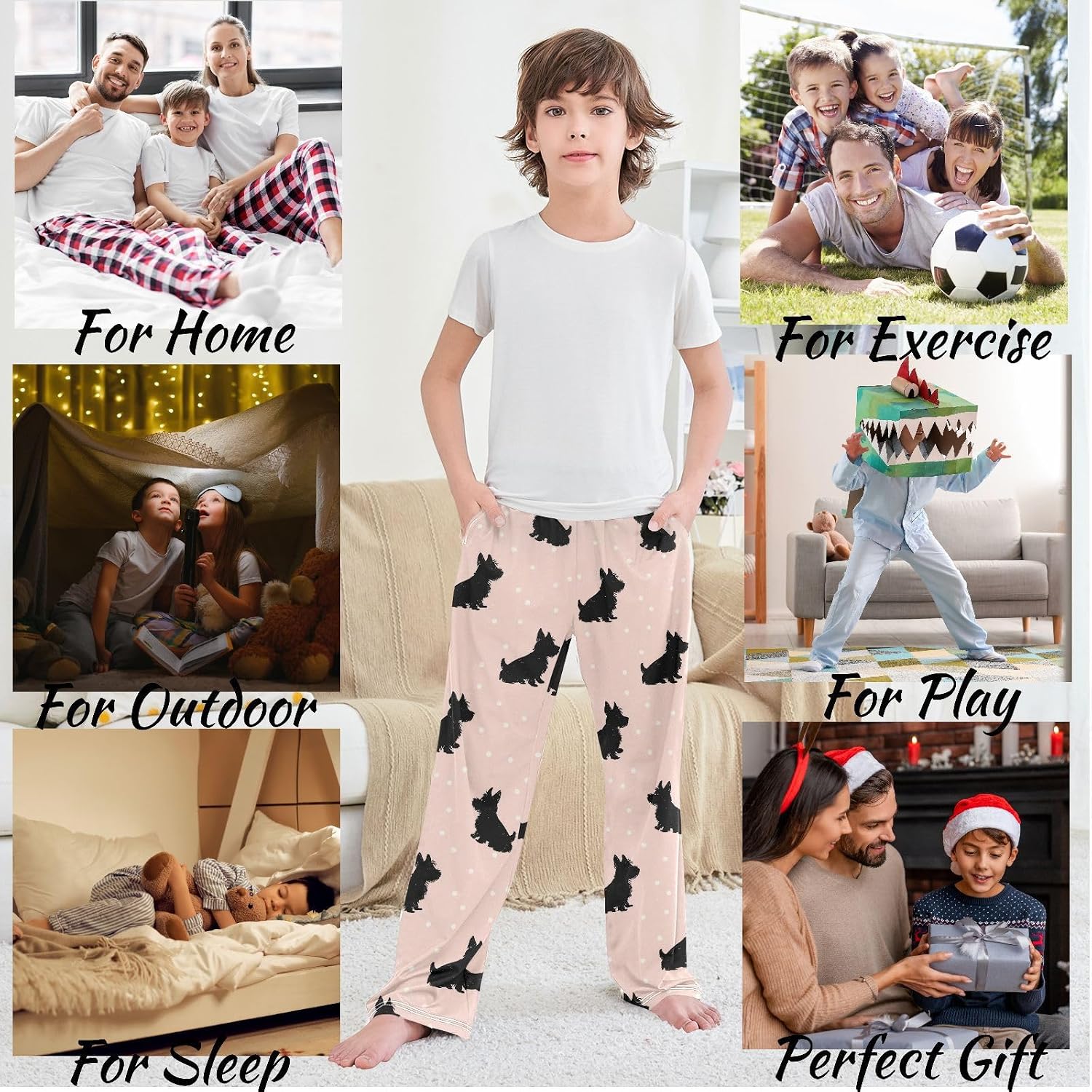 visesunny Boys' Pants Scottish Terrier Dog Silhouette Jogger Pants Elastic Waist Long Bottoms Trousers S-XL