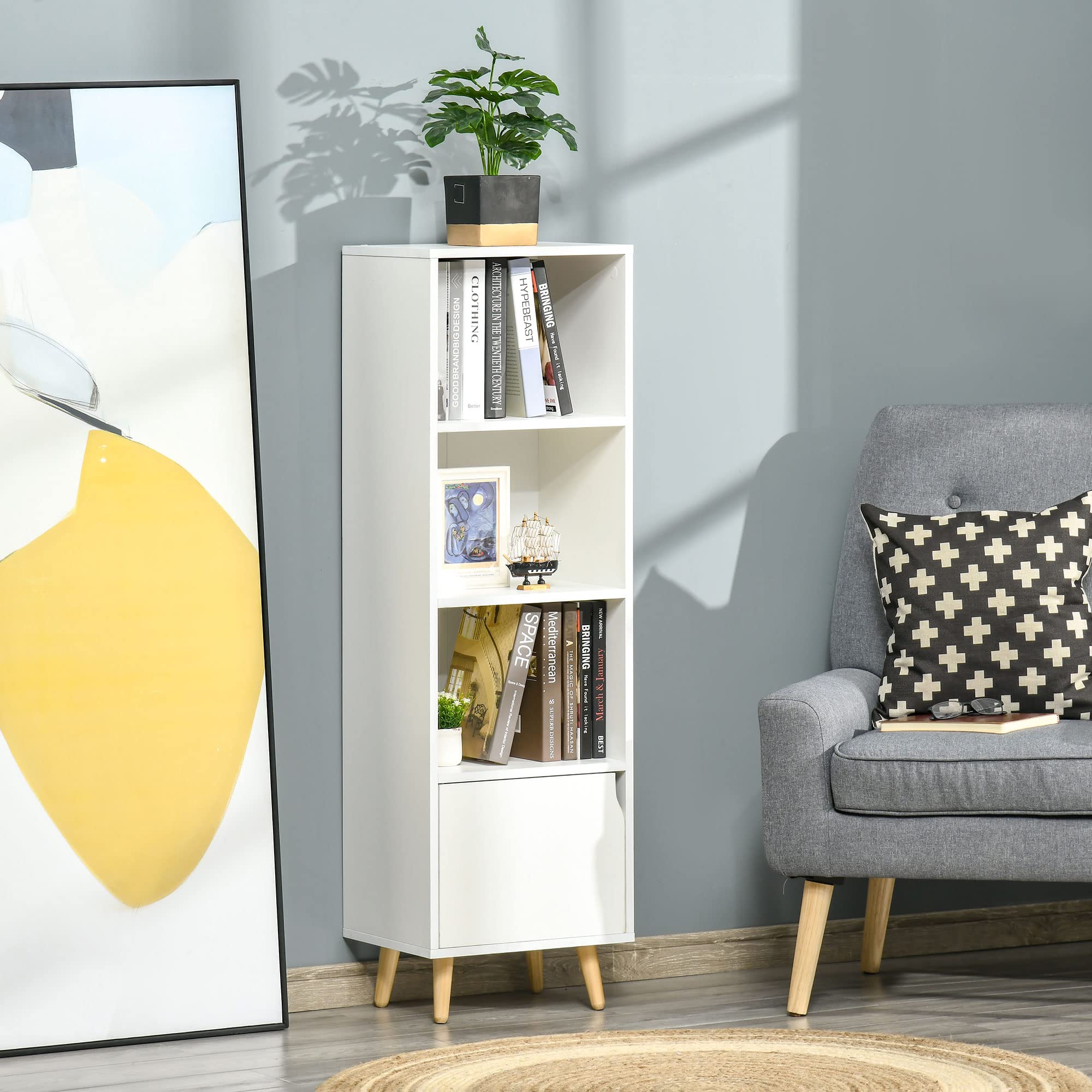 HOMCOM Estantería para Libros con 3 Estantes Abiertos y Cajón Librería Moderno para Almacenamiento Juguetes CDs Plantas 40x30x129,5 cm Blanco