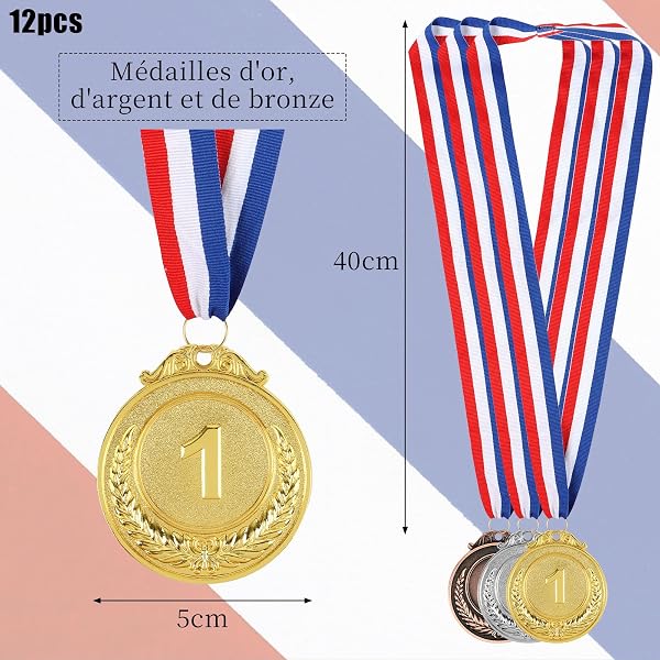 Huniee Lot de 12 Médaille de Récompense avec Ruban, Kit de Médailles du Gagnant Prix avec 3 Couleurs, pour Le Sport, Les Compétitions, Les Fêtes, L’Entreprise, Style Olympique - 2
