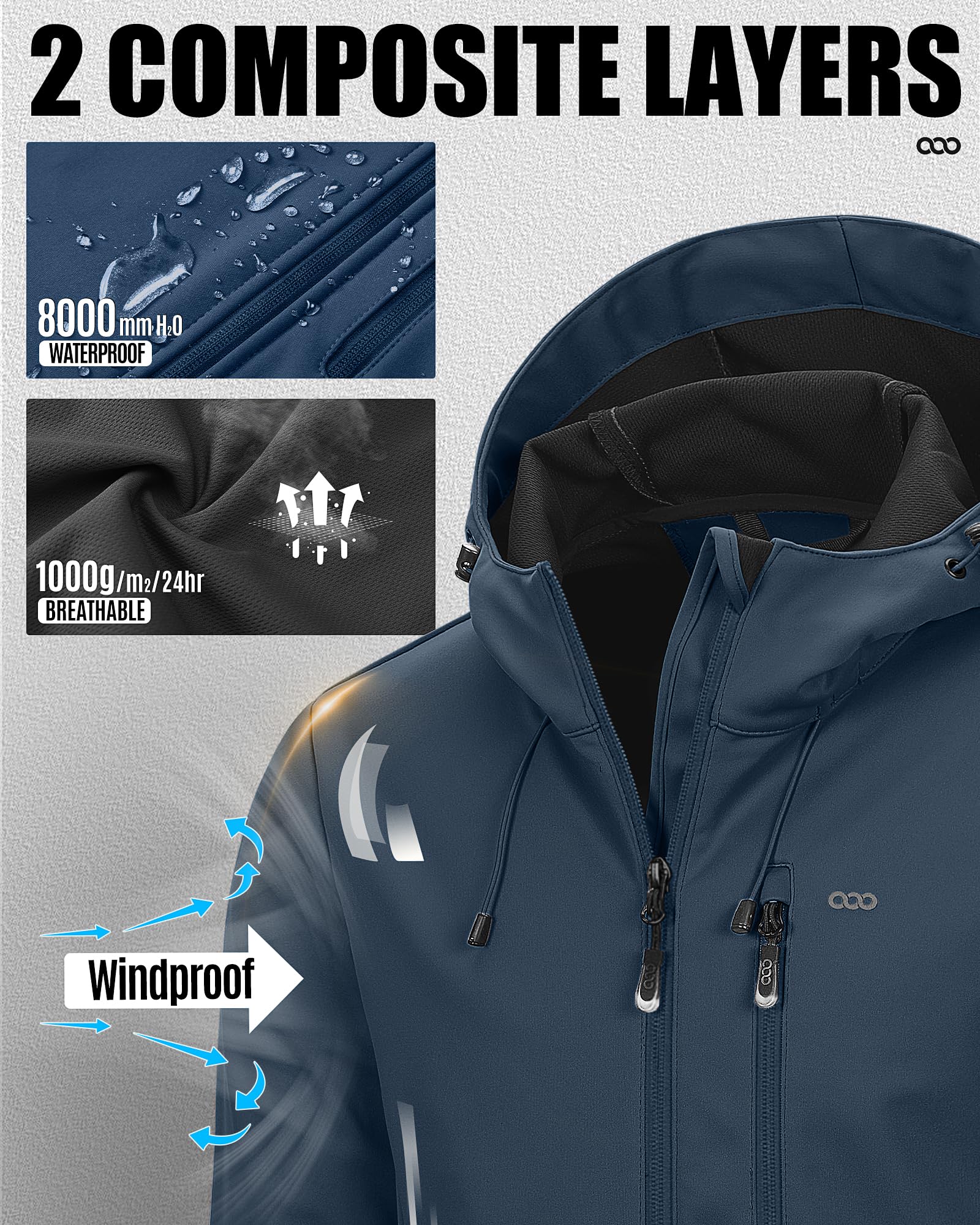 33,000ft Chaqueta Softshell para hombre con capucha, impermeable, cortavientos, ligera, para exteriores, senderismo, viajes