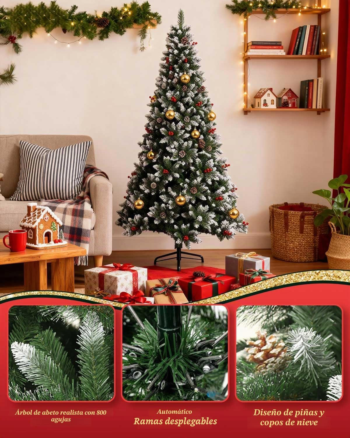 Árbol de Navidad artificial de 180 cm con nieve, árbol de Navidad con 800 puntas de PVC y soporte de metal, montaje rápido en 3 partes, para casa, oficina, tiendas, decoración navideña