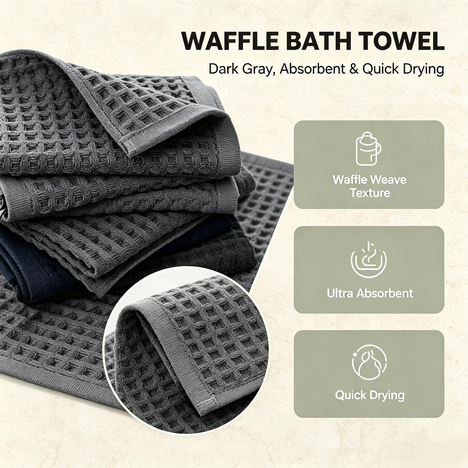 Set Asciugamani Gaufré 3Pz Salvietta Asciugamano Mano Bagno Morbido