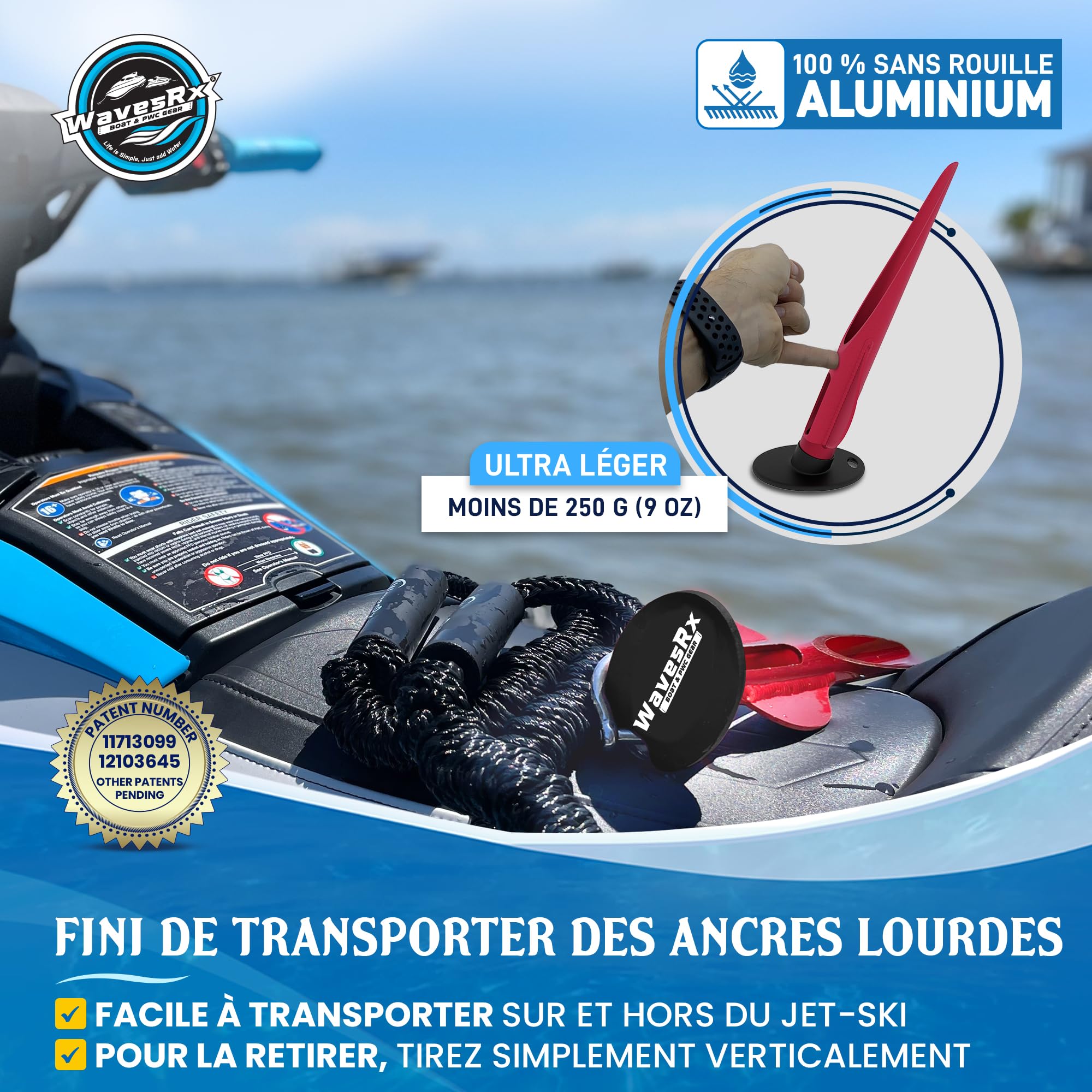 WAVESRX Ancre de Plage à Piquet en Aluminium brevetée | Ultra-légère pour Bateau, Ponton, PWC, Jet-Ski ou Kayak | Ancrage sûr près du Rivage, Banc de Sable ou Eau Peu Profonde