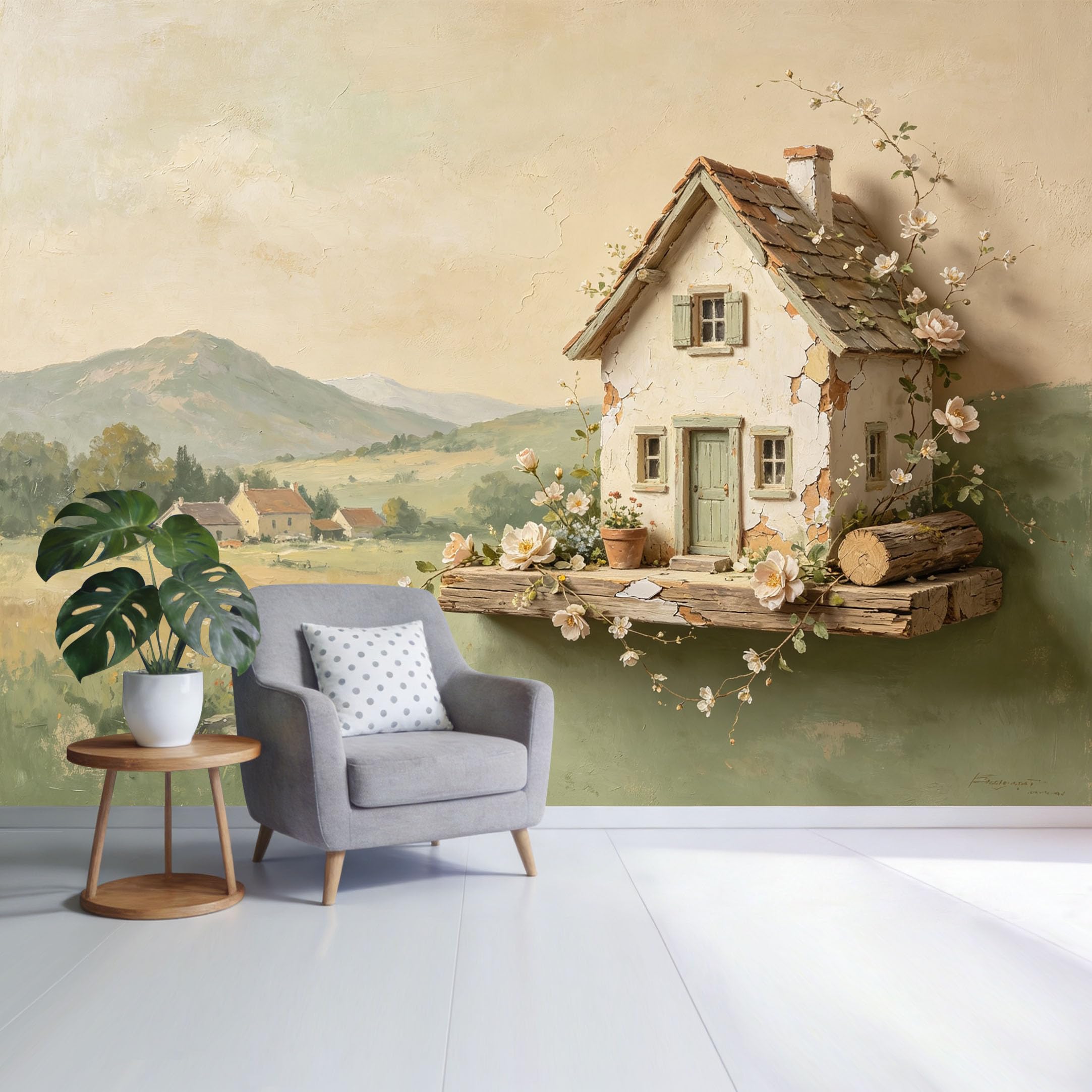 Custom Size Wall Mural Rustic Farmhouse Cottage Landscape Botanical Floral Pastel Painting SelfAdhesive Wall Fabric Removable Wallpaper for Home Office Decor