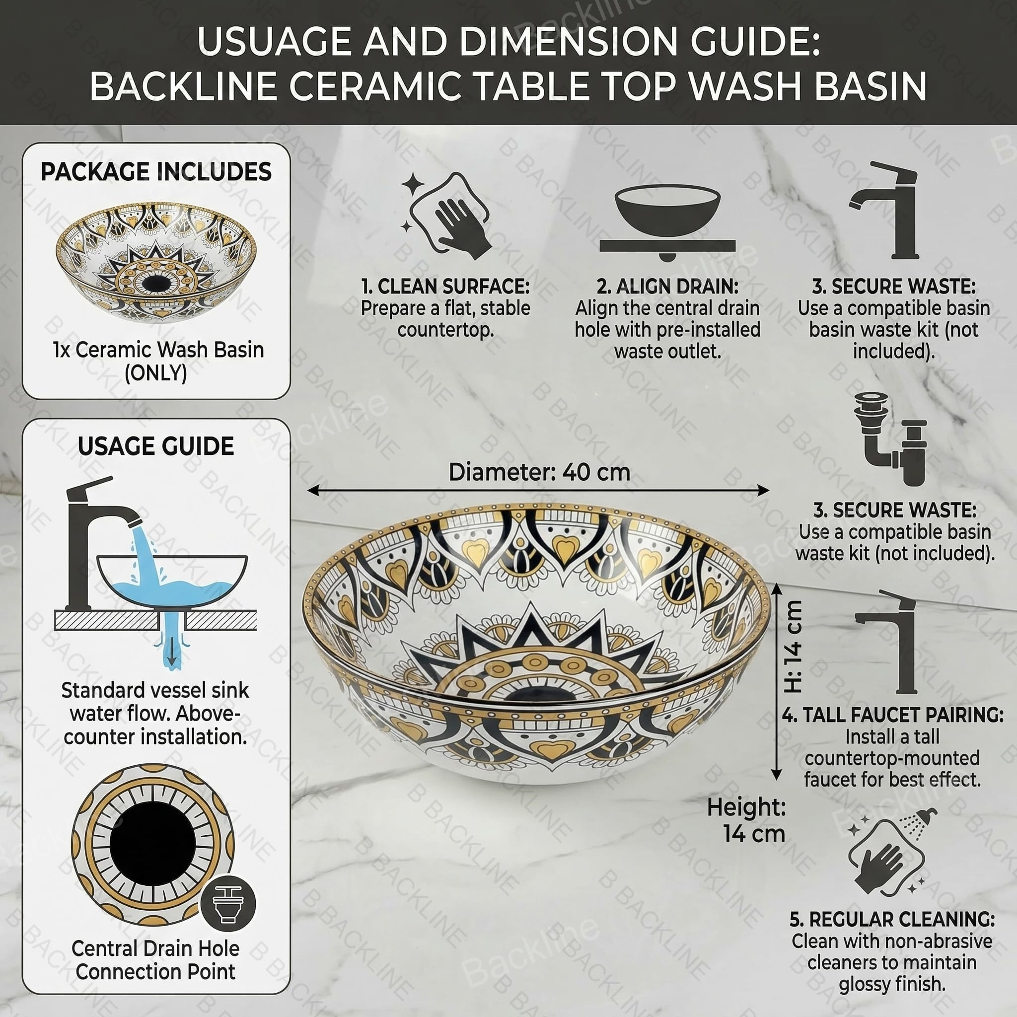 B Backline Ceramic Moroccan Wash Basin Countertop | Table Top Wash Basin Bathroom Sink | Art Basin For Bathroom & Livingroom 40 X 40 X 14 Cm (5 Years Warrenty) 3