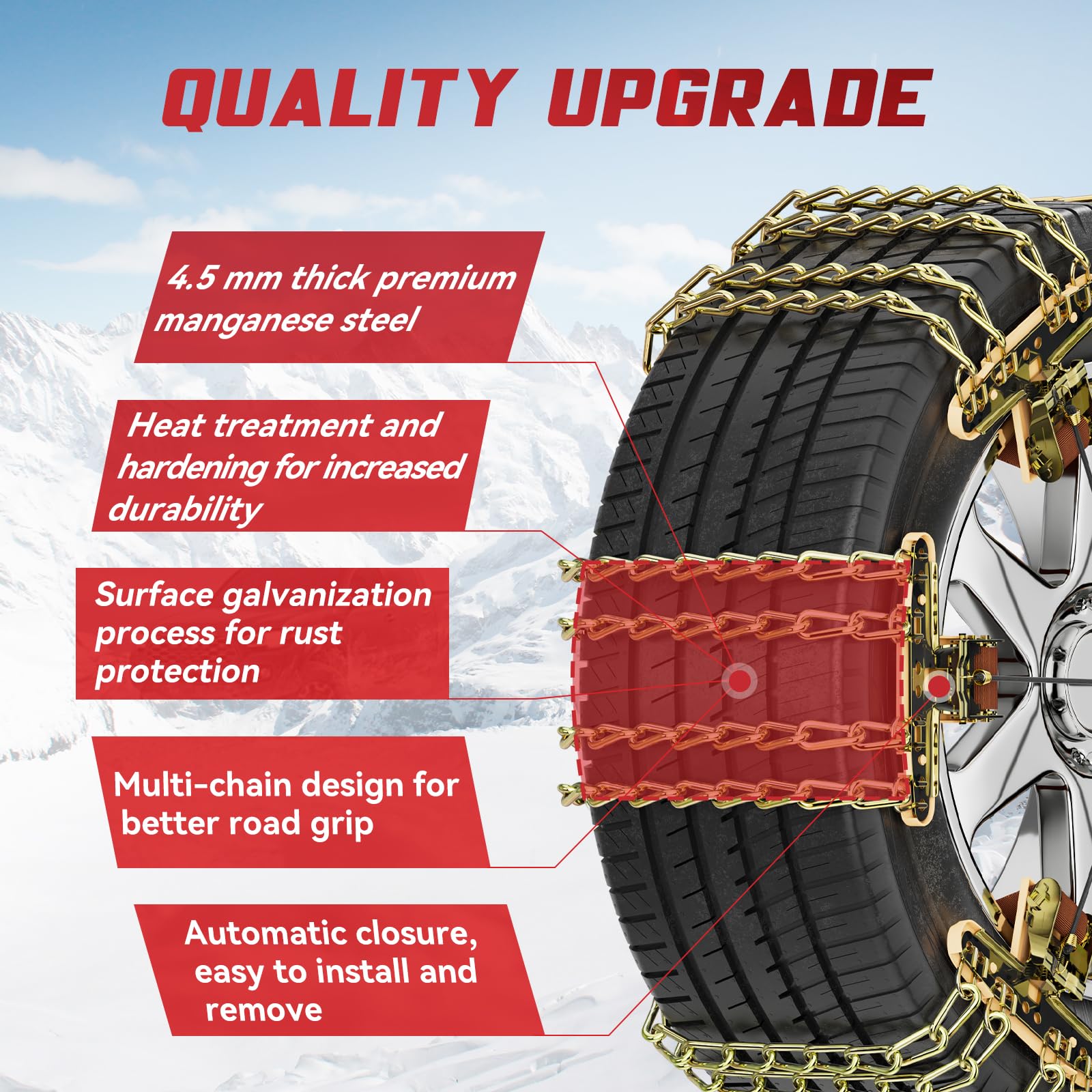 MOONCOOL 10 unidades (1 juego) Cadenas de nieve universales para coche, fácil montaje, para neumáticos de 215 – 285 mm de ancho, con guantes, gancho, bolsa de transporte, cuerda de amarre, para