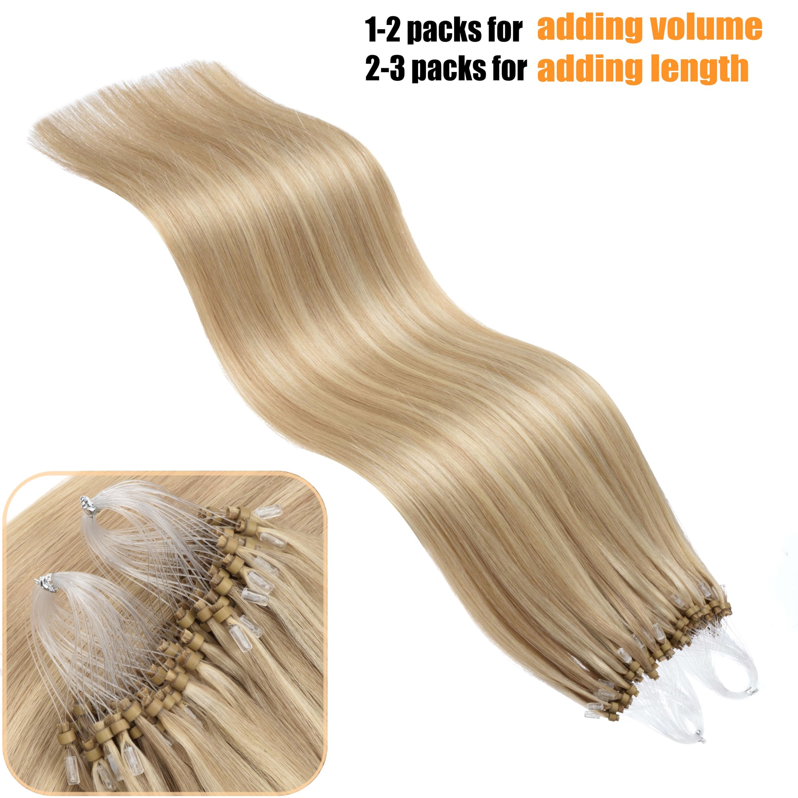 Kun Na Micro Loop Hair Extensions Real Human Hair Bleach Blonde with Ash Blonde Multi-Colours Remy Straight Micro Beads Hair Extensions 50g/pack(24 inch - Image 4