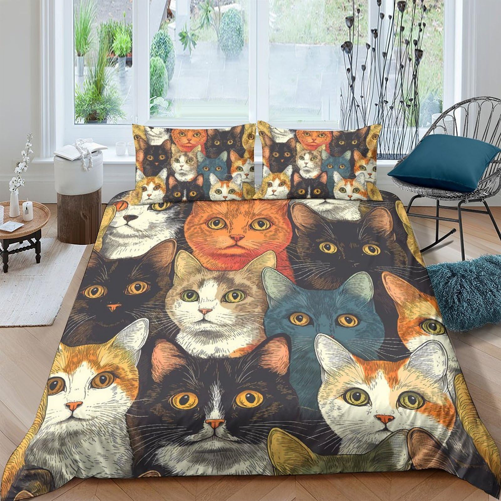 GPLZQXKJNH 3D Printed Colorful Cat Faces Duvet Cover Microfiber Soft Breathable Kitten Pattern Bedding Set with 2 Pillowcases for Bedroom Rental Apartment Single（135x200cm）