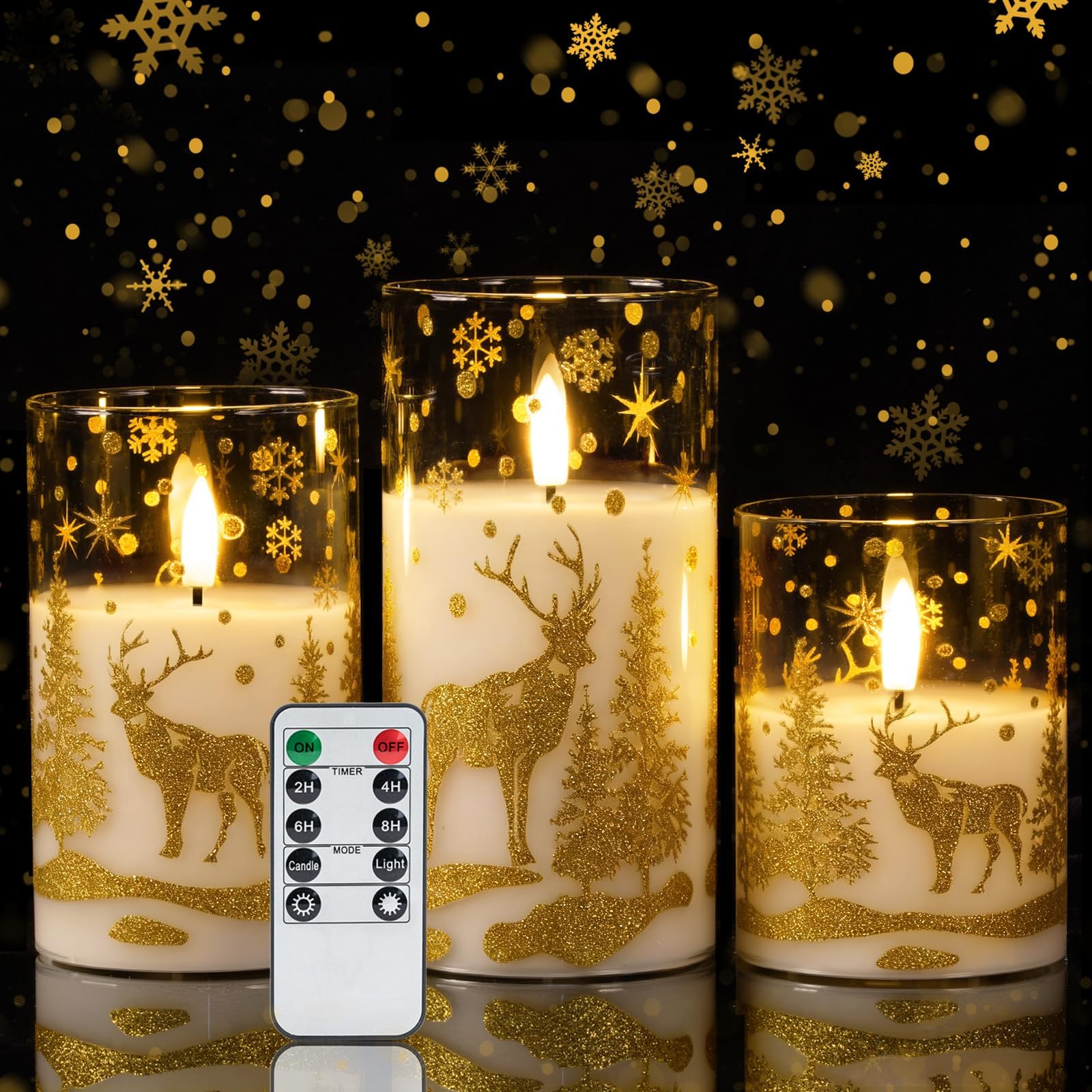 Homemory Clear Glass LED Candles Flickering, Christmas Reindeer, Set of 3