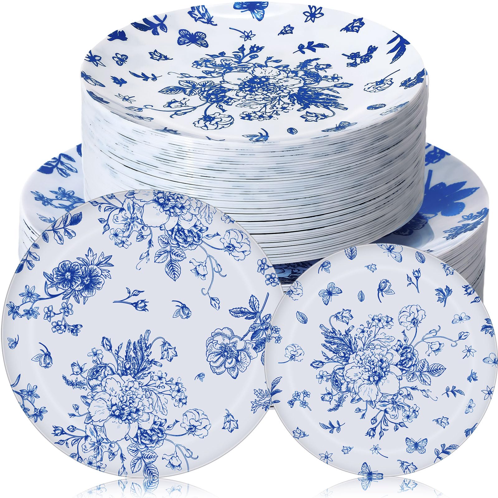Photo 1 of Mifoci 100 Pcs Blue and White Floral Plastic Plates Set for 50 Guests