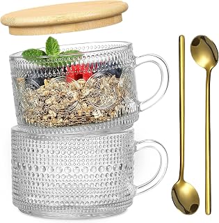 PrimeWorld 2 Pcs 420 Ml Vintage Coffee Mugs,Overnight Oats Containers With Handle,Bamboo Lids And Spoons-Embossed Glass Cu... Price In India