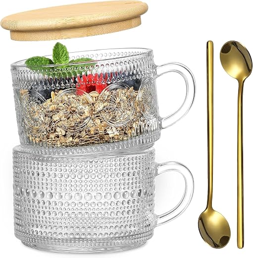 PrimeWorld 2 Pcs 420 Ml Vintage Coffee Mugs,Overnight Oats Containers With Handle,Bamboo Lids And Spoons-Embossed Glass Cu...
