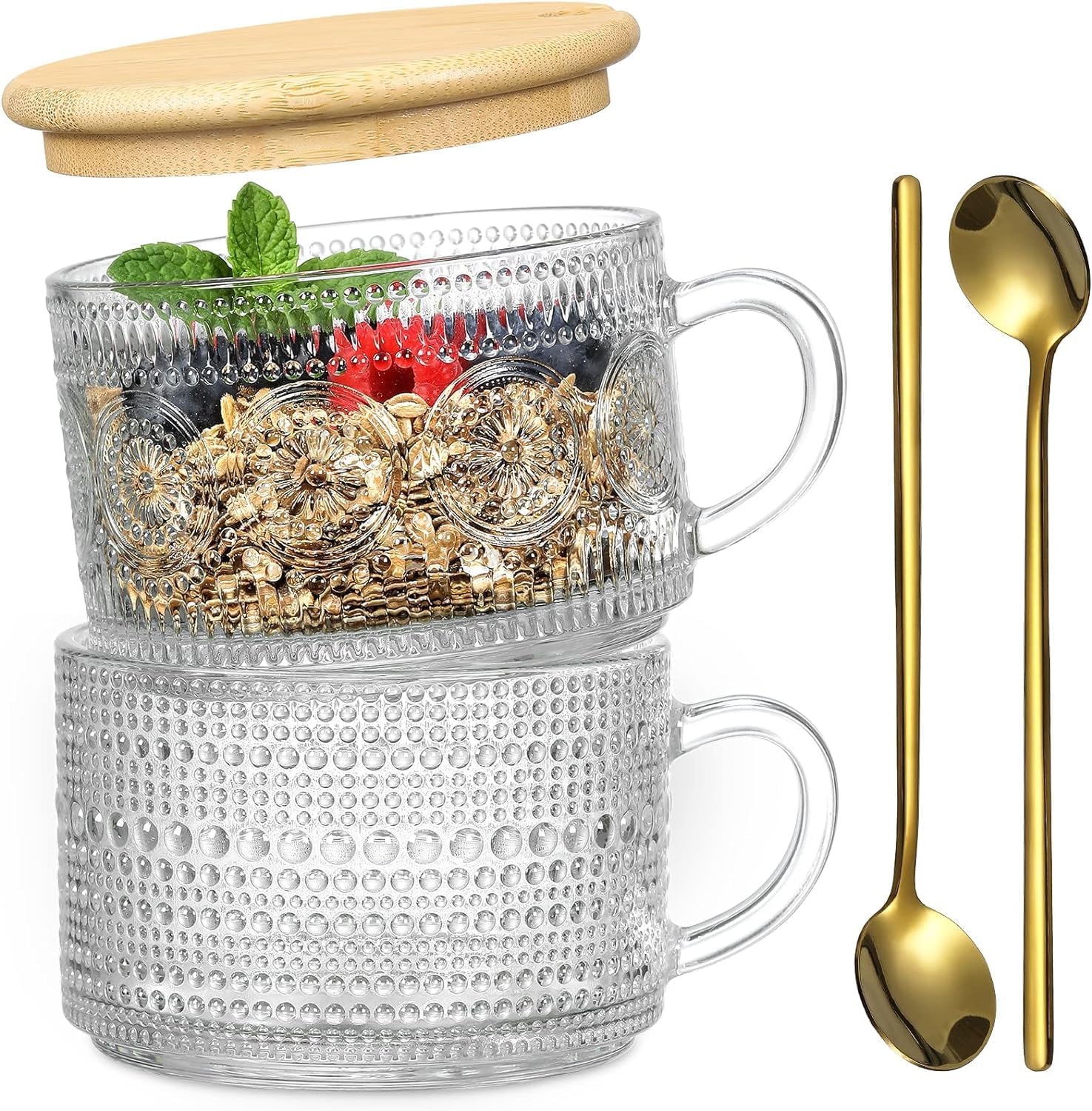 PrimeWorld 2 Pcs 420 Ml Vintage Coffee Mugs,Overnight Oats Containers With Handle,Bamboo Lids And Spoons-Embossed Glass Cu...