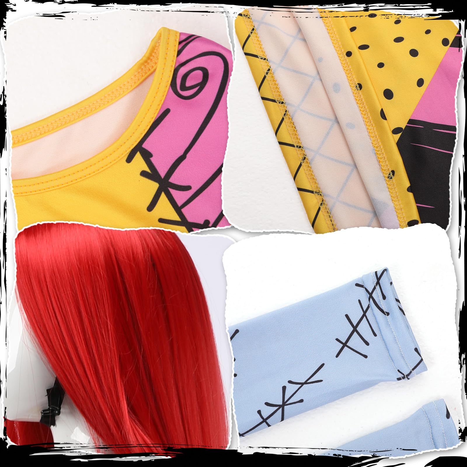 Halloween Sally Costume Kids,5PCS Sally Dress Christmas Outfits Sally Skellington Short Sleeve Dress Fancy Dress Cosplay with Red Wig Bag Sleeves Tights for Girls Age 4-11 Years (140cm/8-9 Years) - Image 4