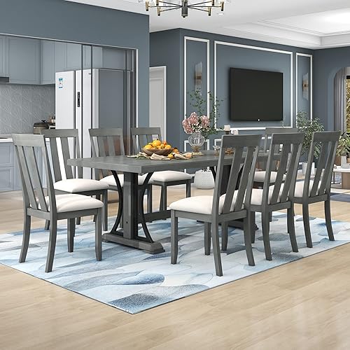 Merax Juego de comedor de madera de 9 piezas estilo industrial mesa rectangular de 78 x 40 pulgadas y 8 sillas acolchadas color gris 9 piezas