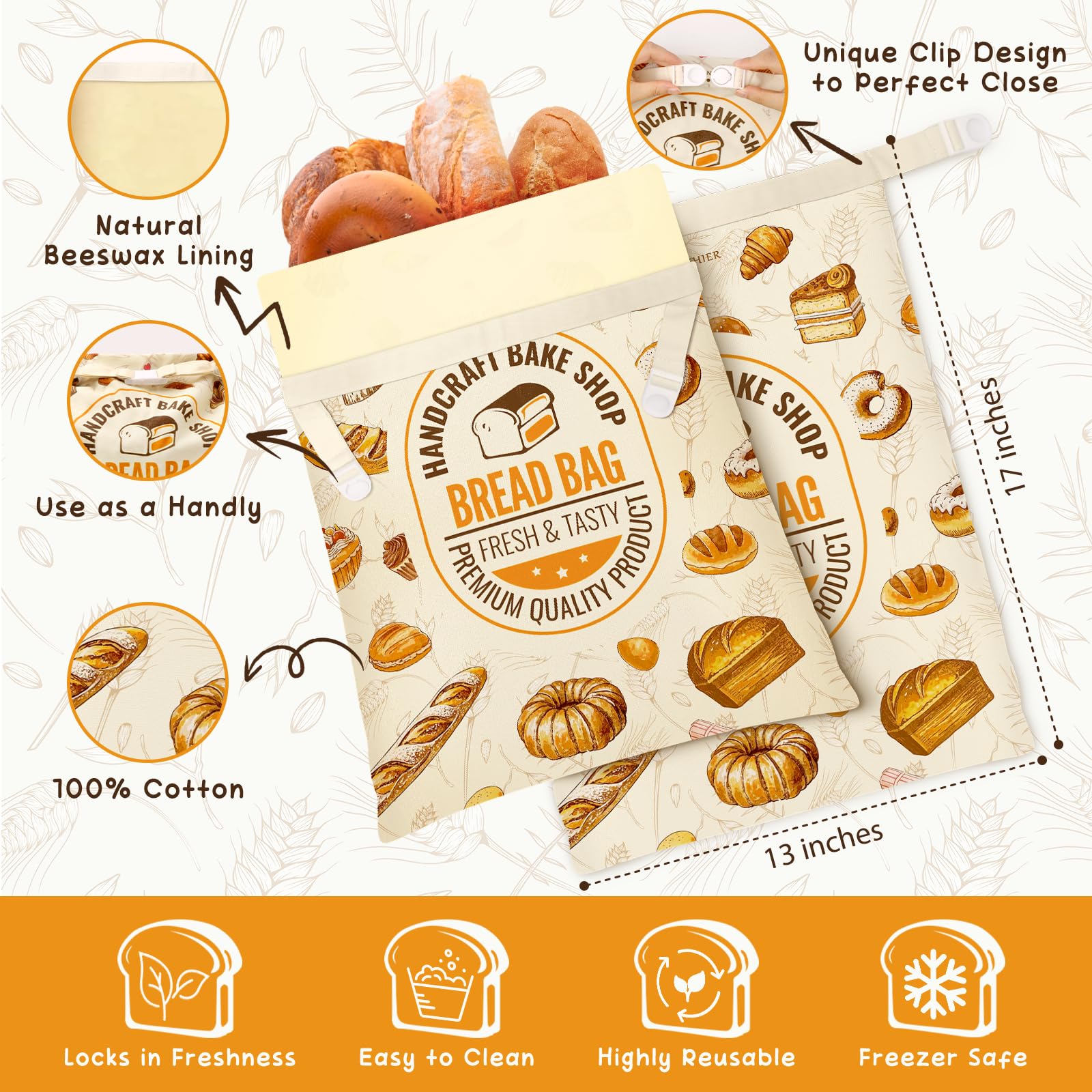 FWOAFTER - Bolsas de pan de cera de abeja para masa madre, paquete de 2 bolsas de pan reutilizables para panes caseros, bolsas de algodón de cera de abeja para mantener el pan fresco 4