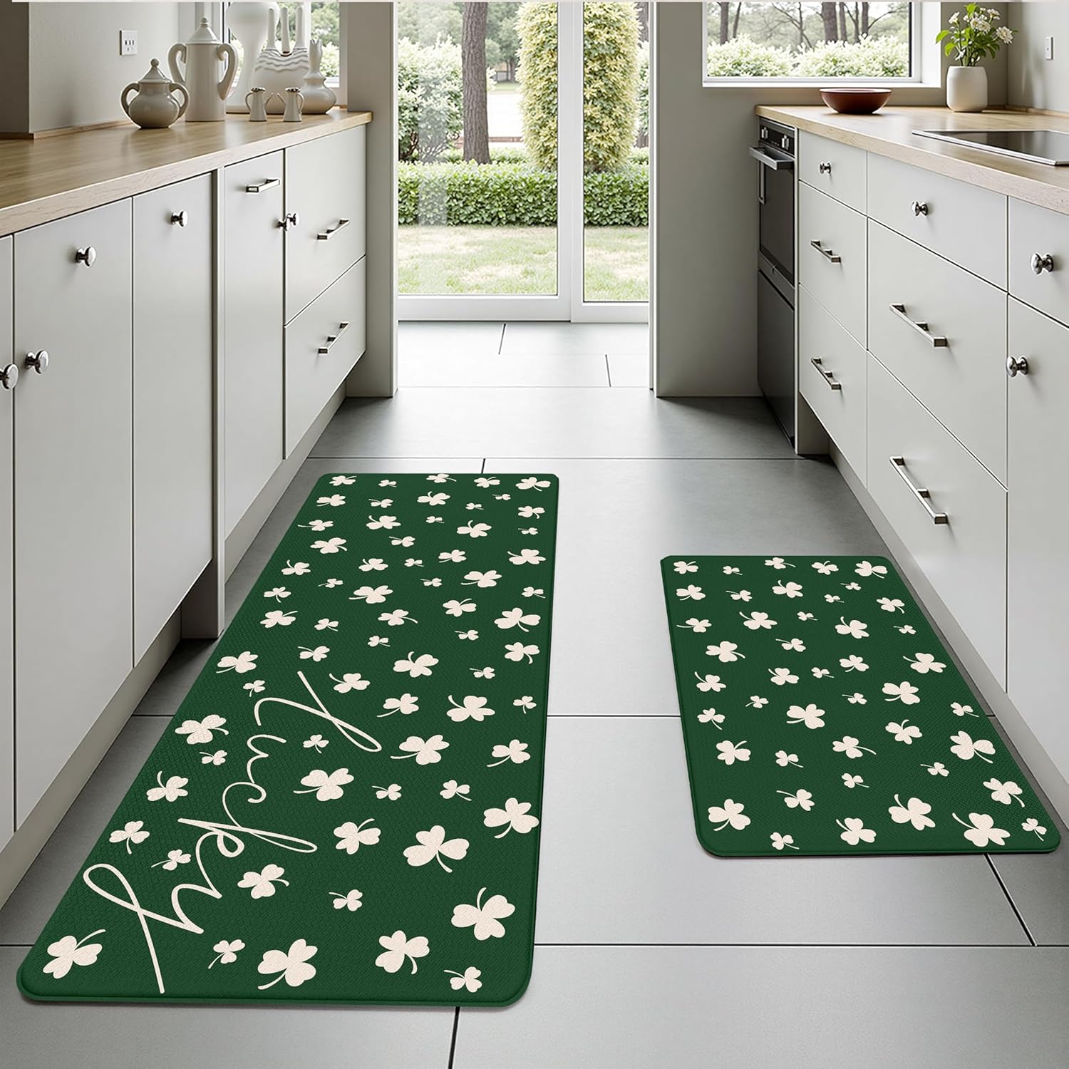 Happy St. Patrick's Day Lucky Clovers Green Kitchen Rug Sets [2 PCs], Anti-Fatigue, Waterproof Non-Slip Kitchen Mats Heavy Duty Comfort Foam Rug for Kitchen, Floor, Home, Laundry,17.3"x29"+17.3"x47"