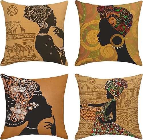 Juego de 4 fundas de almohada decorativas para decoración del hogar, diseño de animales tribales afroamericanos, 18 x 18 pulgadas, fundas de