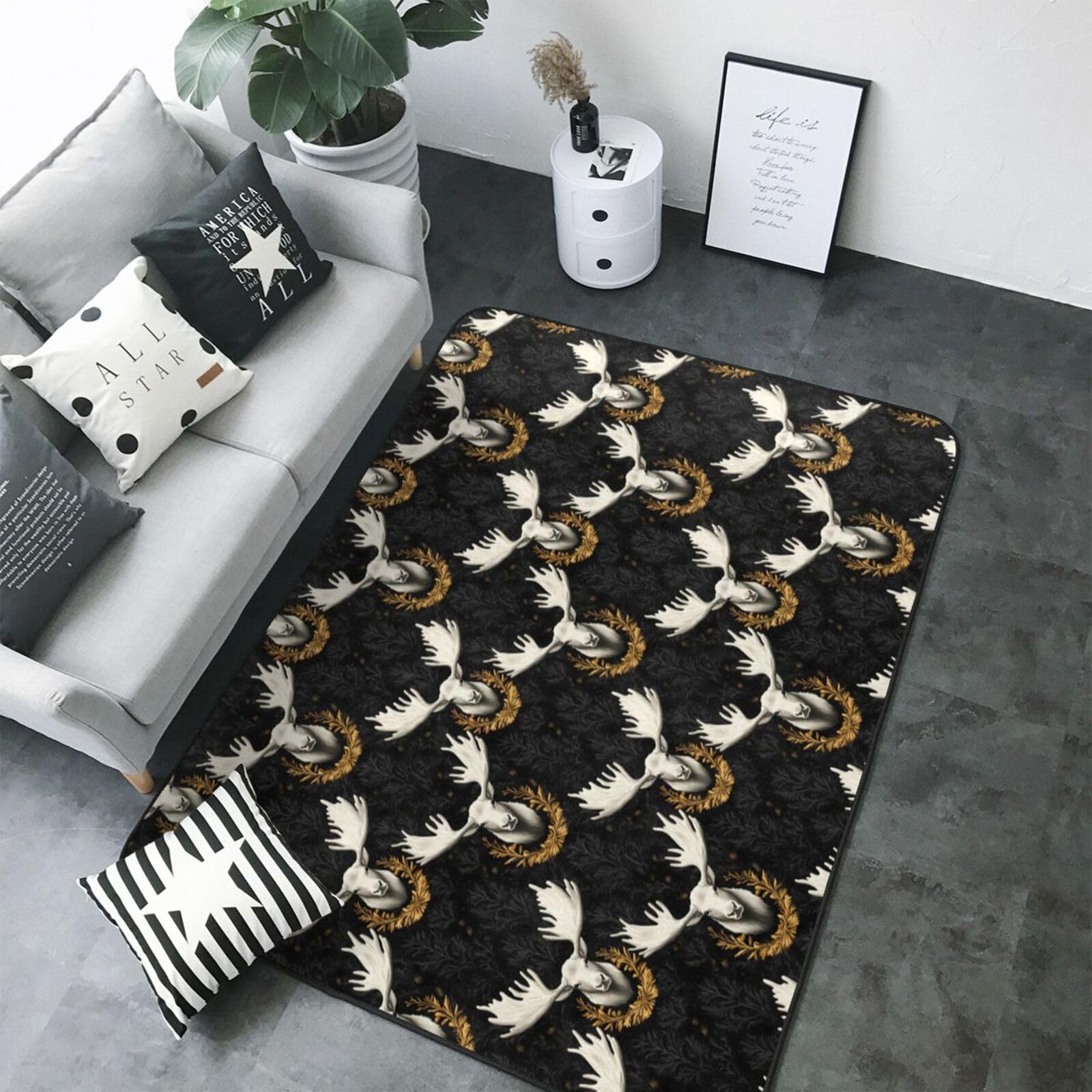 Tapis lavable et antidérapant avec motif élan blanc grand format pour salle à manger