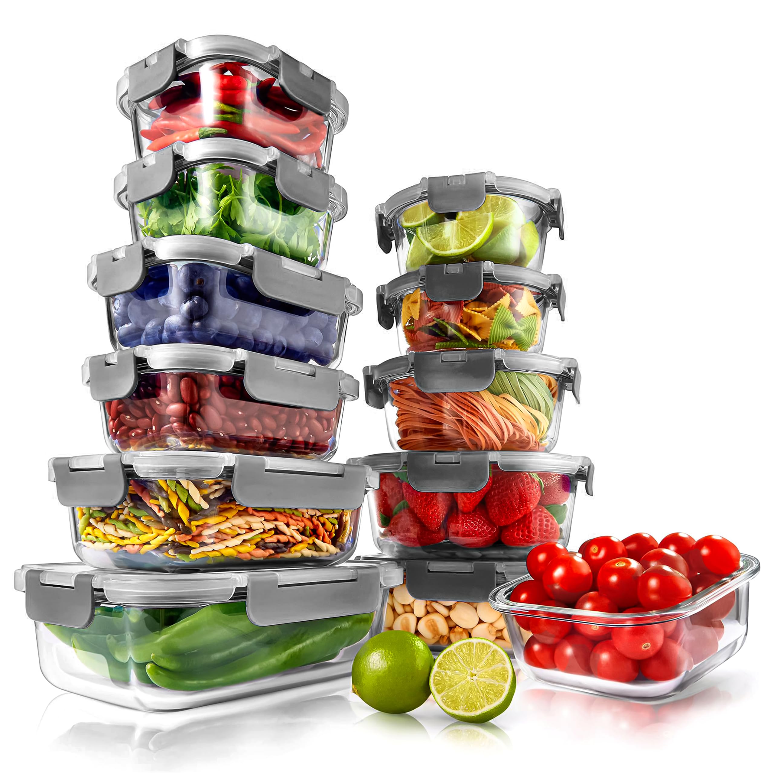 NutriChef Zestaw 24 Słoików Ze Szkła | 12 Apilowanych Słoików Do Meal Prep Ze Szkła Z 12 Hermetycznymi Pokrywkami | Pudełka Do Przechowywania Z Pokrywką, Słoiki Do Przechowywania