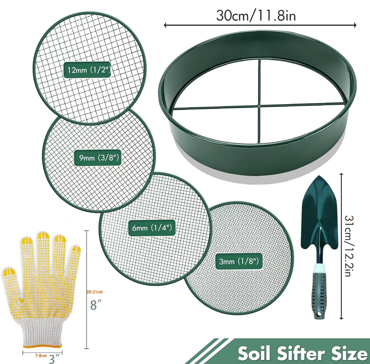 Soil Sieve Sifter Set with Shovel Gloves, Garden Sieve Set with 4 Interchangeable Mesh 3,6,9,12mm, Dirt Sifter for Sand, Rock, Compost, Soil Scoops Garden Tool (Green Sieve Set)