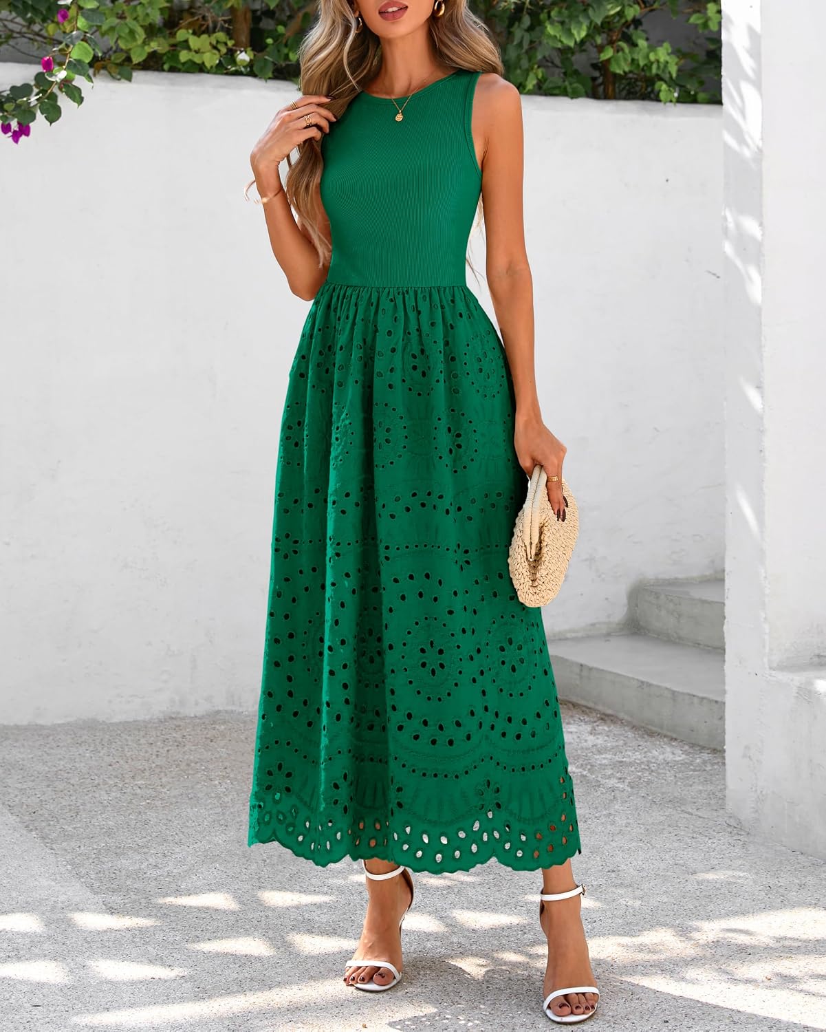  Women Sleeveless Lace Eyelet Cotton Tank Maxi Dress | Summer Casual Crewneck A-Line Dresses 2026,Fall Knit And Woven Boho Sundress with Pockets,Cute Wedding Beach Vacation Clothes thumbnail