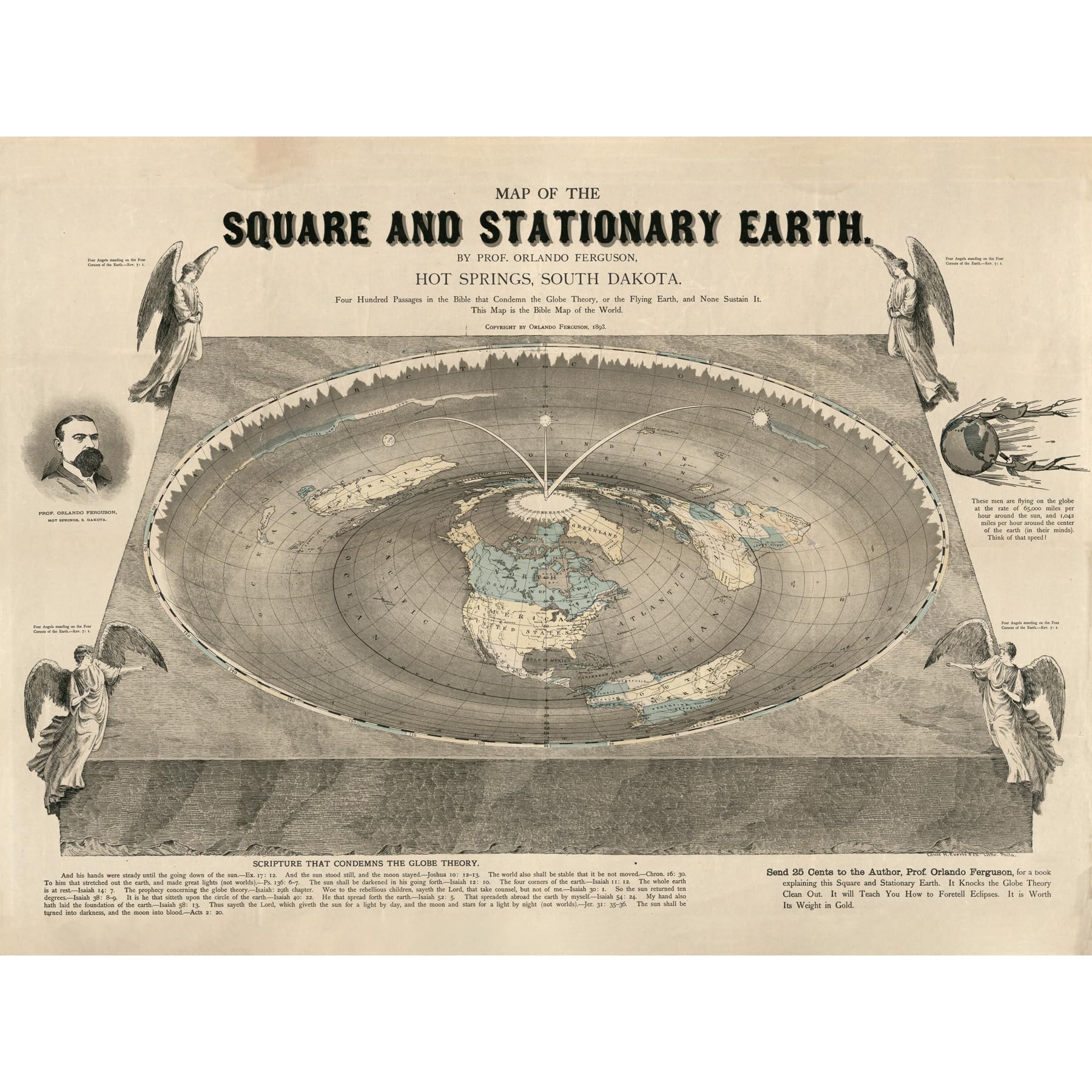 Artery8 Orlando Ferguson Vintage Map of the Square and Stationary Earth Flat Earth Premium Wall Art Canvas Print 18X24 Inch