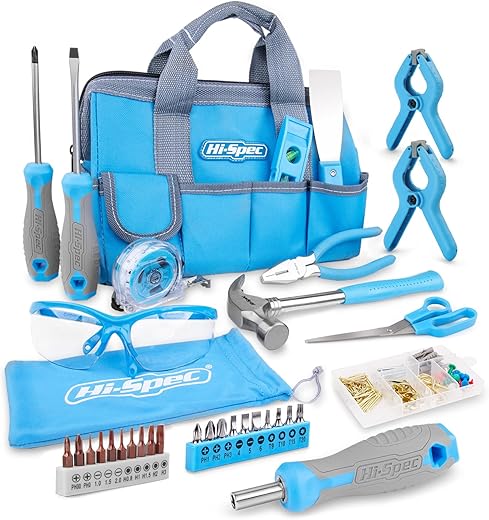 Hi-Spec 34 Piece Tool Bag for DIY, Repair and Maintenance at Home, Office, Workshop, Includes Glasses, Nail Box, Screwdriver Set, and Pressure Bits