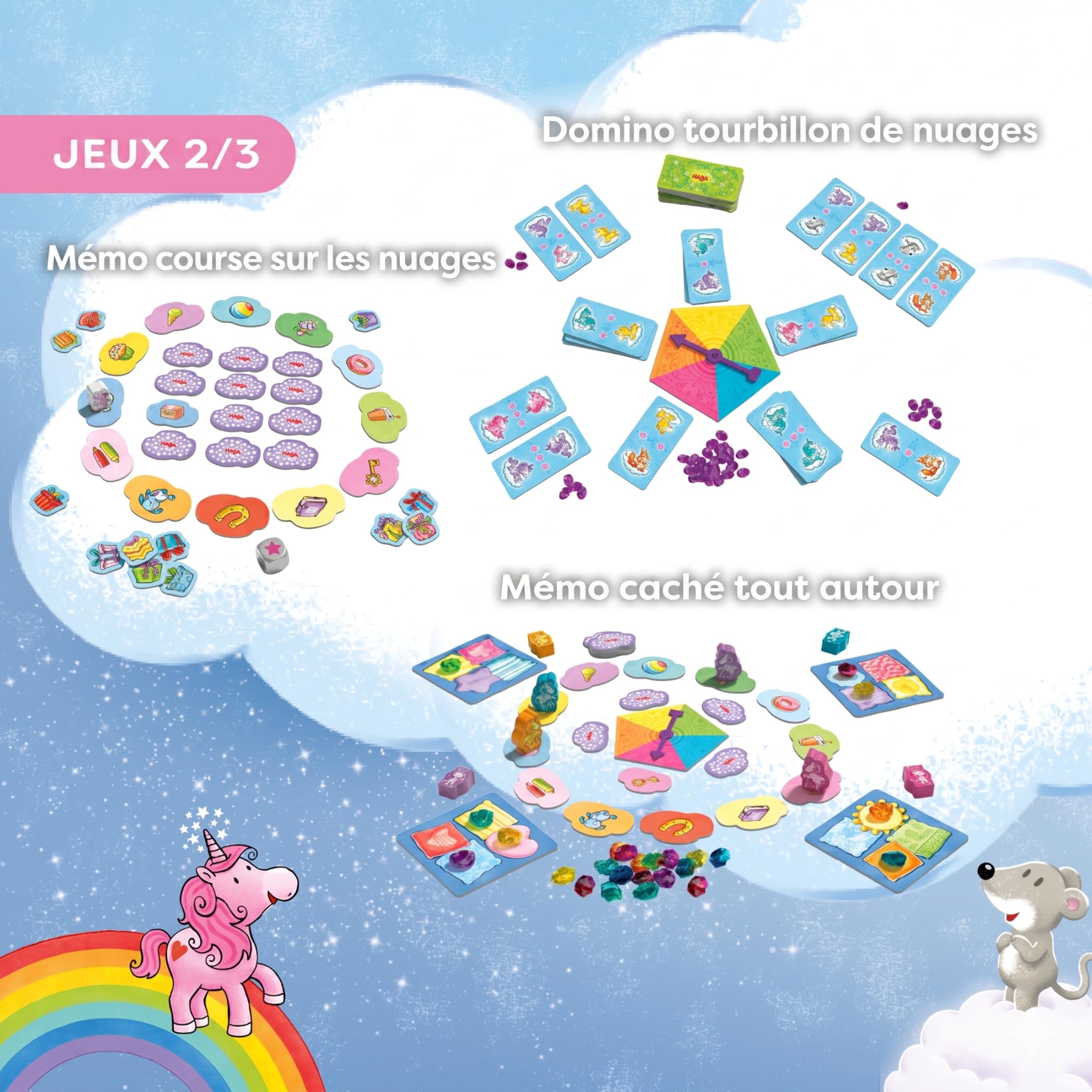 HABA Licornes dans Les Nuages – Collection de Jeux à partir de 3 Ans avec 9 Jeux de dés, de Cartes et de Plateau variés pour 2 à 4 Enfants, faciles à Expliquer – 2012231002