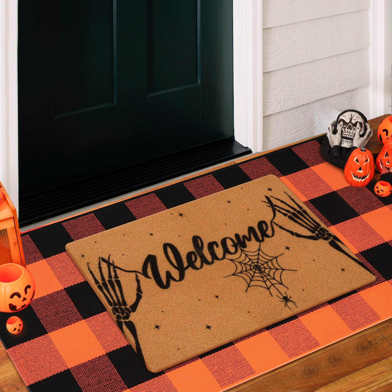 Ceenna Halloween Decor Doormat Combo Set Skeleton 17'' x 29'' Coir Welcome Mat and 23.6'' x 51.2'' Buffalo Plaid Rug Front Layered Door Mats Orange