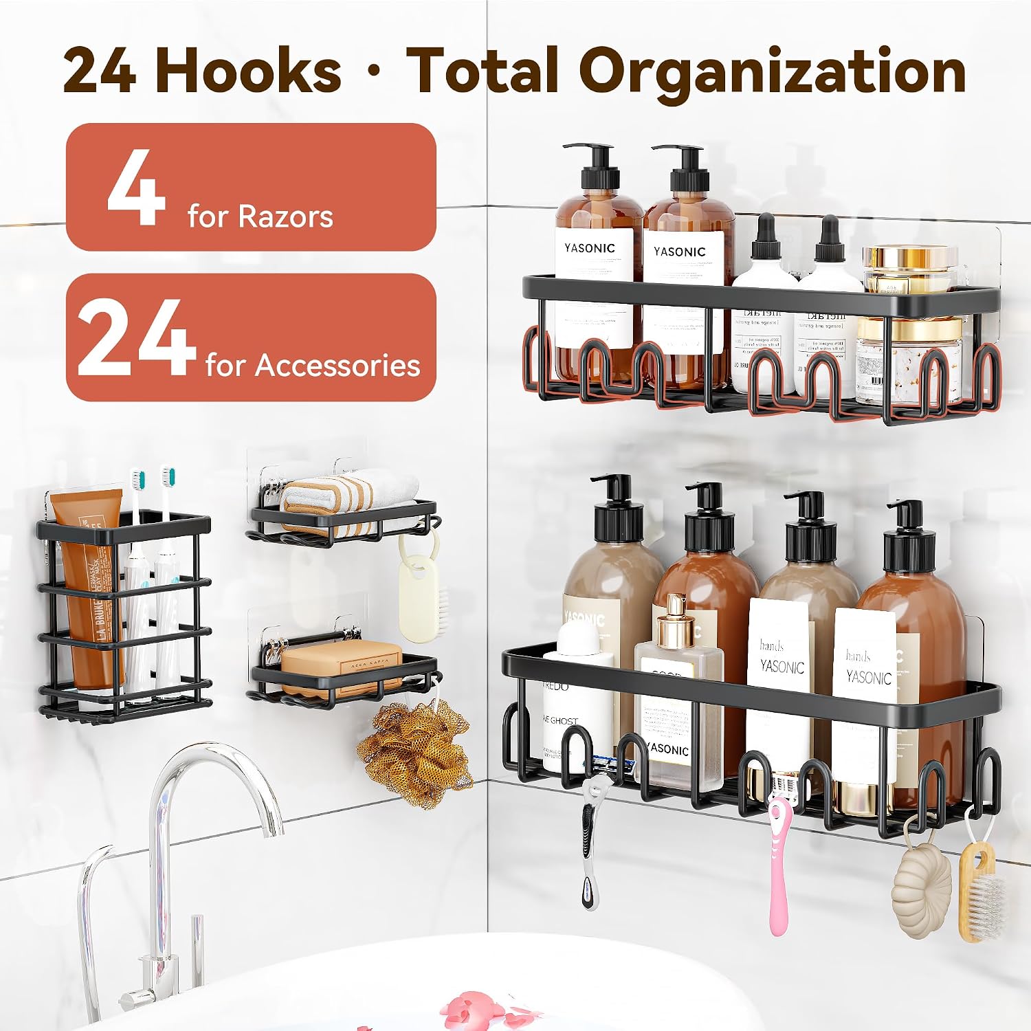 YASONIC Shower Caddy Adhesive, 100% Rustproof Shower Organizer with Soap and Toothbrush Holder, Large Capacity Shower Shelves for Inside Shower, No Drill Shower Storage for Home (5 Pack Black)