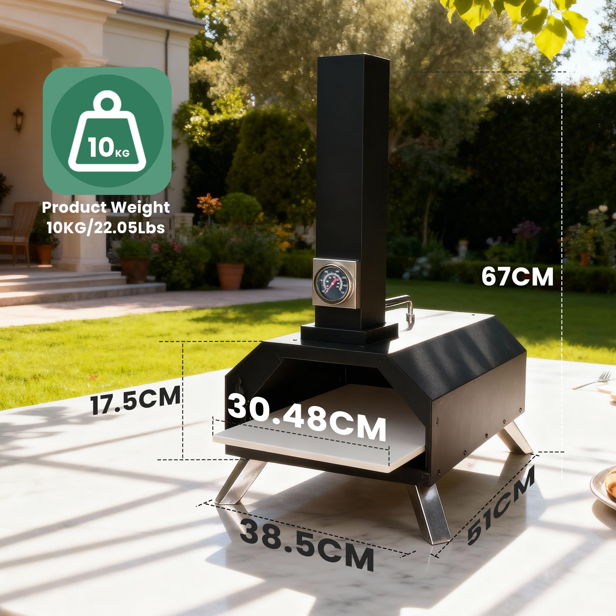 Forno per pizza a pellet di legno pieghevole portatile, 28cm | per uso esterno, termometro integrato e pietra quadrata per pizza, ideale per campeggio, cortile, patio, giardino e feste