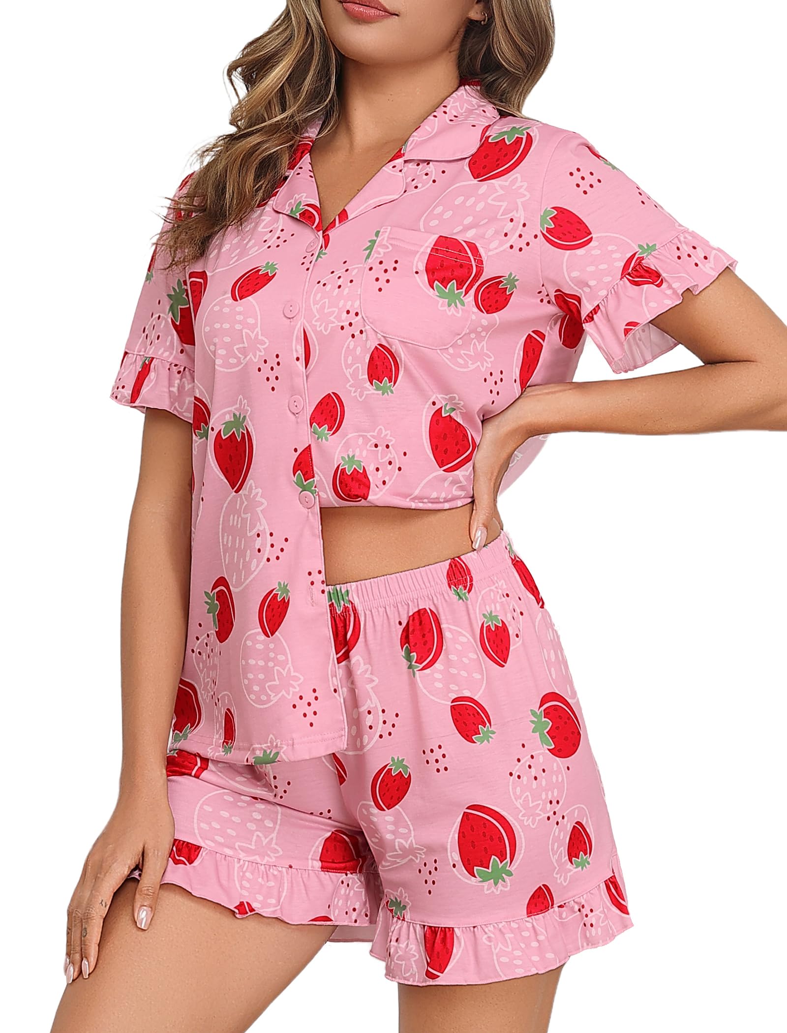 SWOMOG Woman Pajama Set Short Sleeve Pjs Set 2Pcs Short Pajamas Button Down Ruffle Hem Sleepwear Soft Modal Loungewear