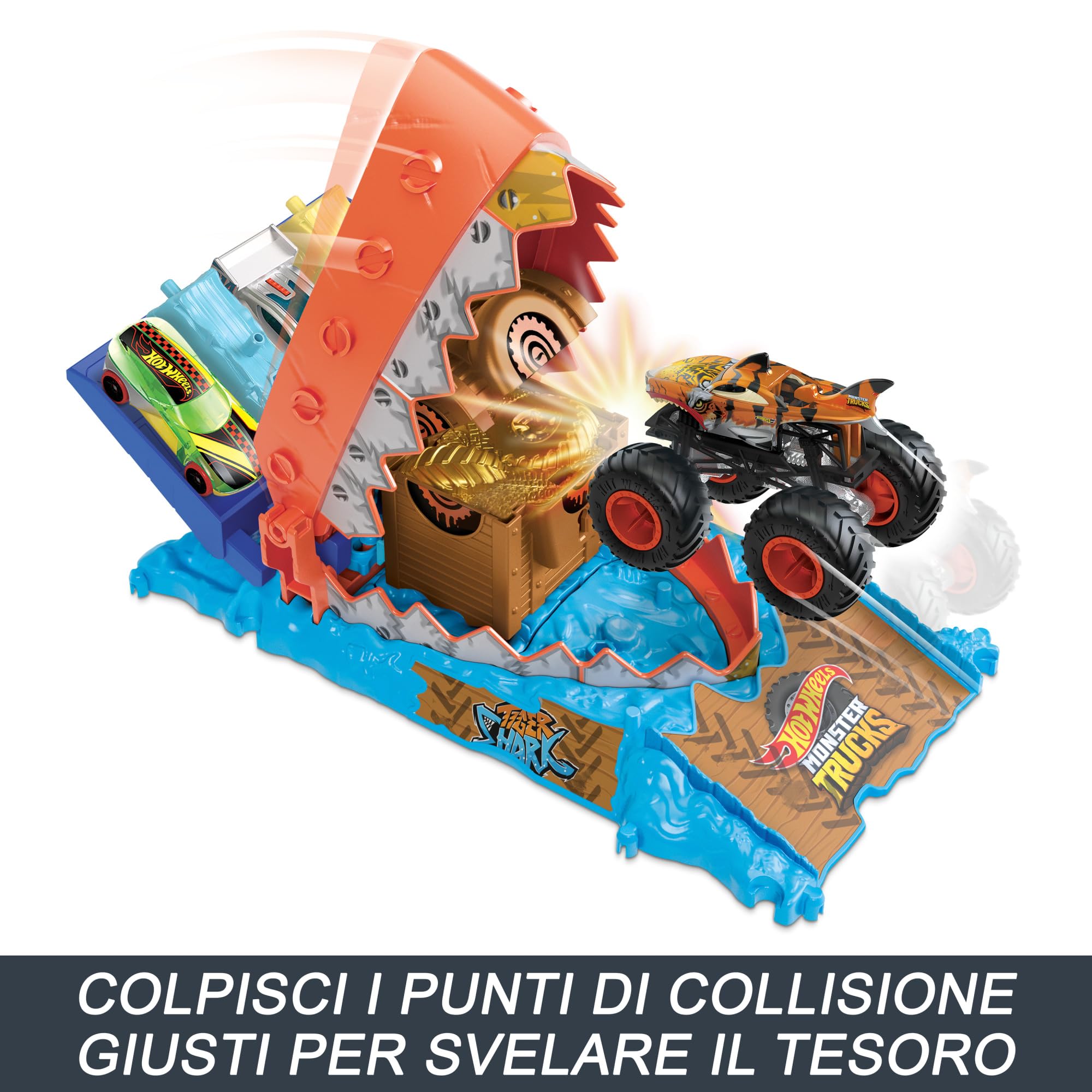 Hot Wheels Monster Trucks - Sfida del Morso per il Tesoro, playset Arena degli Scontri con MT Tiger Shark in scala 1:64 e 1 macchinina schiacciata, giocattolo per bambini, 4+ anni, HTP17