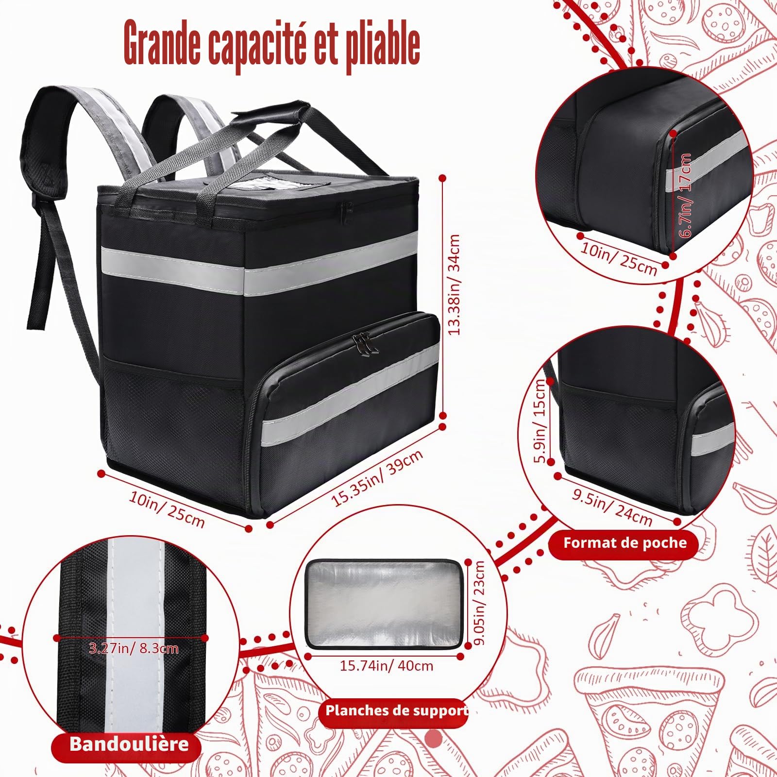 Windspeed Sac à dos extensible pour livraison de nourriture et de pizza vélo, avec 2 planches de soutien/bande réfléchissante, sacs isothermes pour pizza, Noir