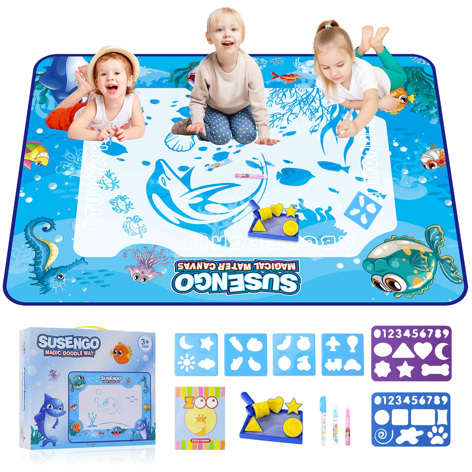 SuSenGo Large Magic Doodle Mat - Marine Theme Coloring Writing Educational Toys for Kids,with 17 Pack Drawing Accessories