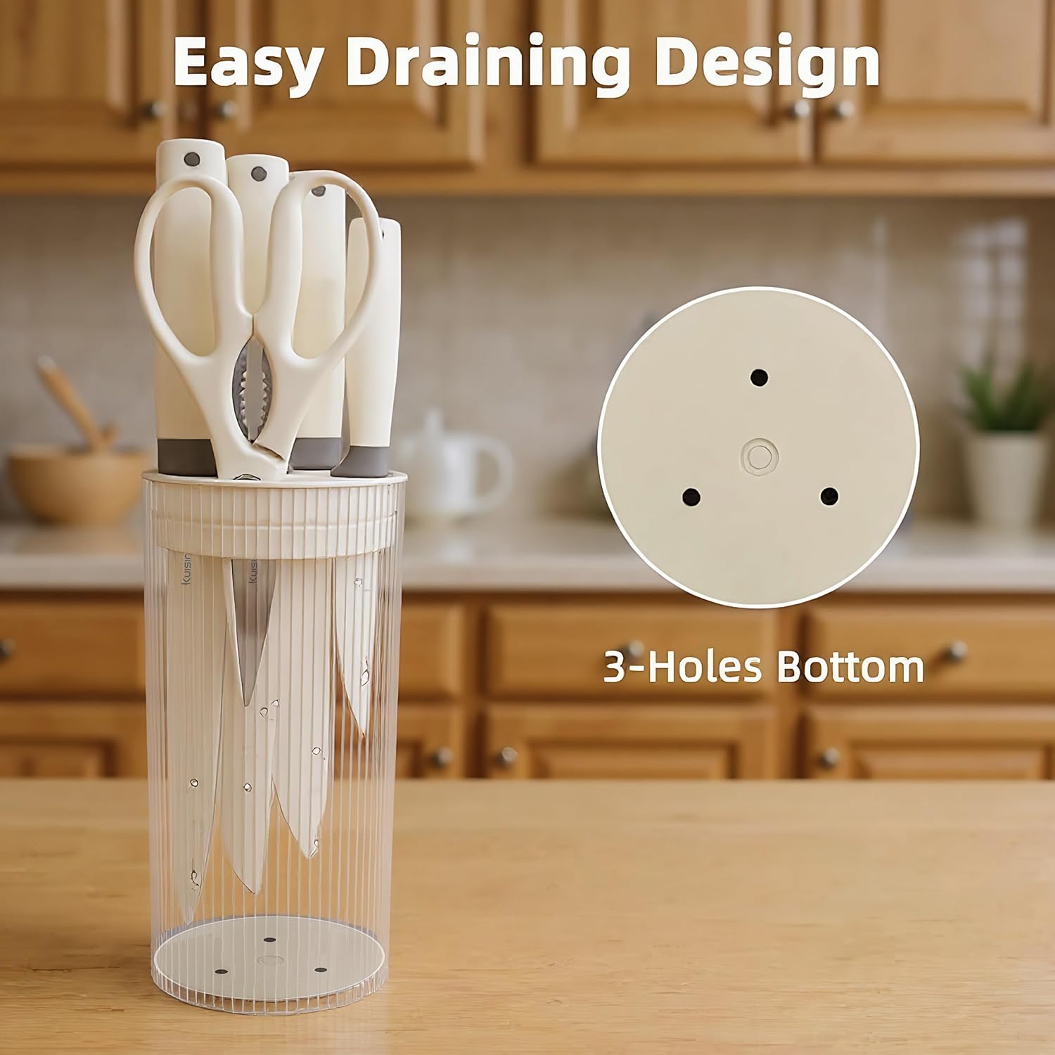 KUISINE Upgraded Sharp Chef Knife Set,High Carbon Stainless Steel Ergonomic Handle Knife Set with 3-hole Bottom Block,Easy to Drain and Clean(Ivory Silver Pro,6PCS) - Image 3