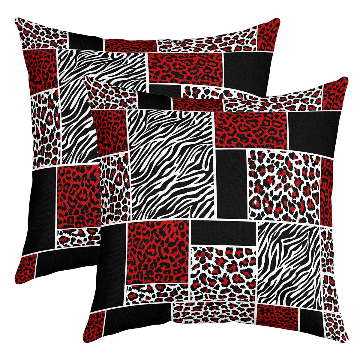 Richhome Multi 10 Red Leopard Pillow Cover Black And White Stripes Zebra Skin Print Decorative Pillow Cover Modern Luxury Patchwork Throw Pillow Cover For Living Room Couch Decor,Pack Of 2,18"X18"