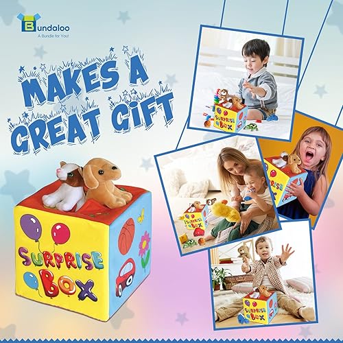 Miniatura 7 de Bundaloo Caja sorpresa con 8 juguetes de peluche, juego sensorial suave de animales de peluche con sonidos para bebés y niños pequeños