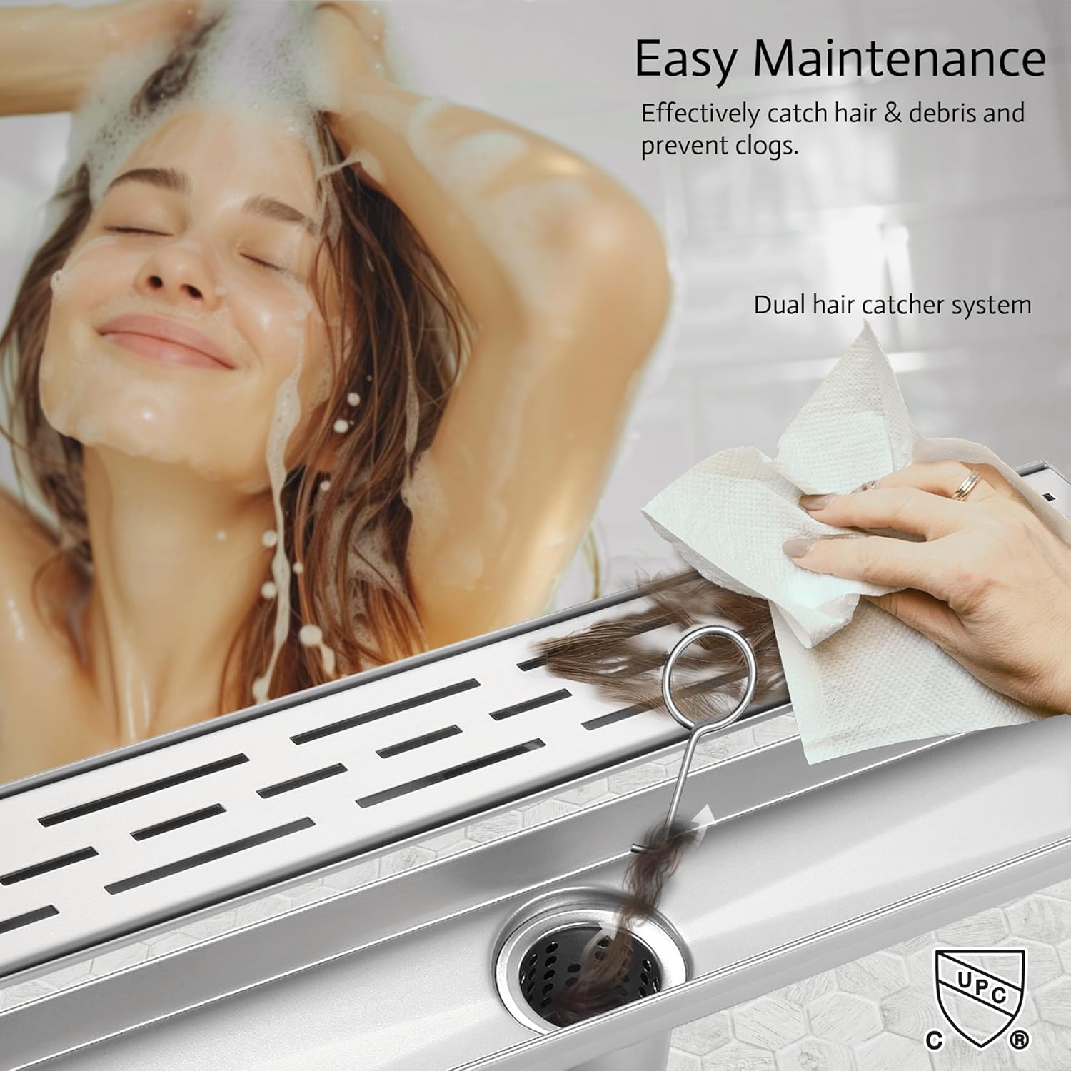 32 Inch Linear Shower Drain, Brushed Nickel Shower Drain,Removable Grate, 304 Stainless Steel, Easy to Install and Clean for Bathrooms (Drain Base Not Included), LSD-01A-32S