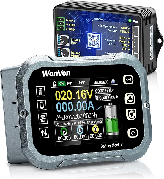 WonVon Battery Monitor with Shunt 400A 0V-120V Battery Monitor for RV, Motorcycle, Golf Cart, Solar Panel - Screen Display, Capacity Percentage, Time, Power, Voltmeter, High/Low Voltage Support