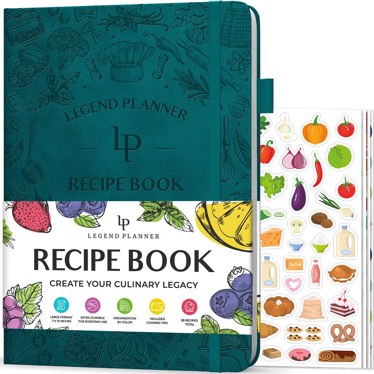 Legend Recipe Book – Blank Family Cookbook to Write In Your Own Recipes – Empty Cooking Journal – Personalized Cooking Notebook, Hardcover, Large 18x25.5cm Format, 58 Recipes Total - Dark Teal