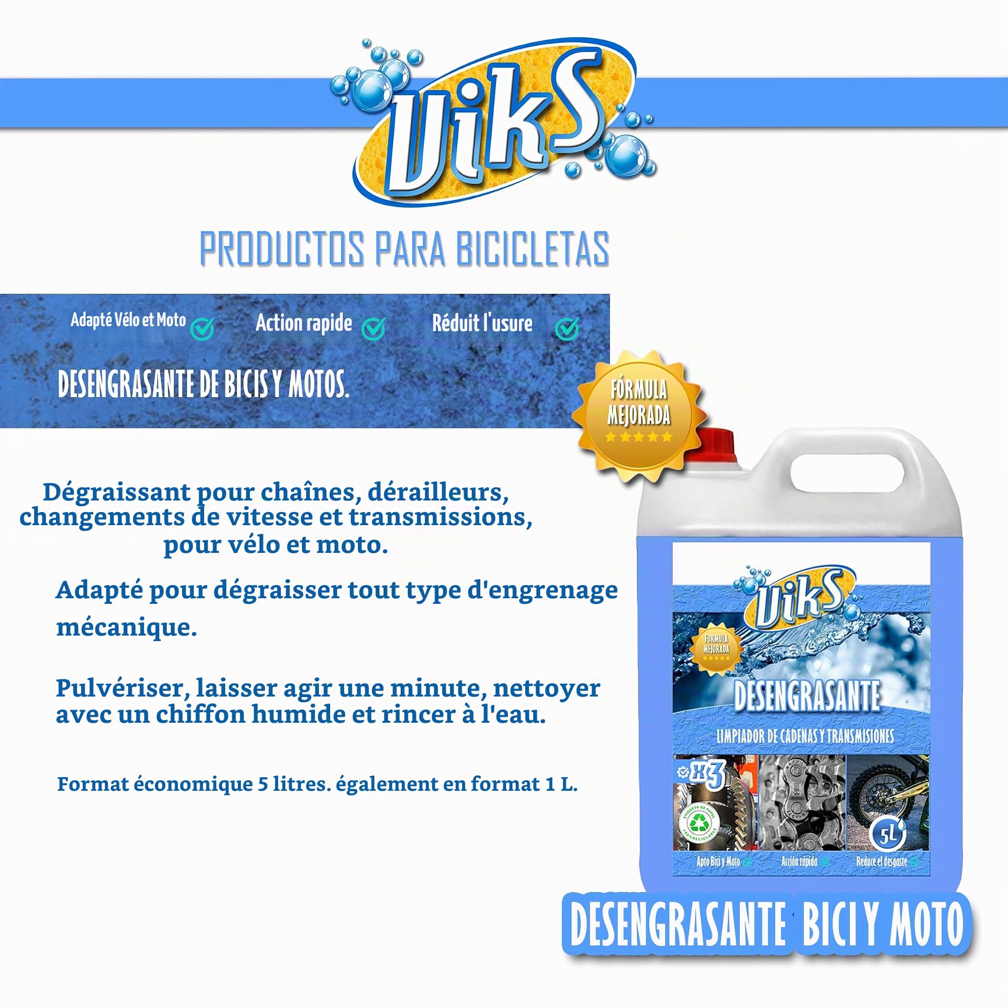 Viks | Dégraissant Chaîne Vélo & Moto | Biodégradable | Enlevez la saleté accumulée sans l’endommager | Convient pour les chaînes et les transmissions | 5 litres