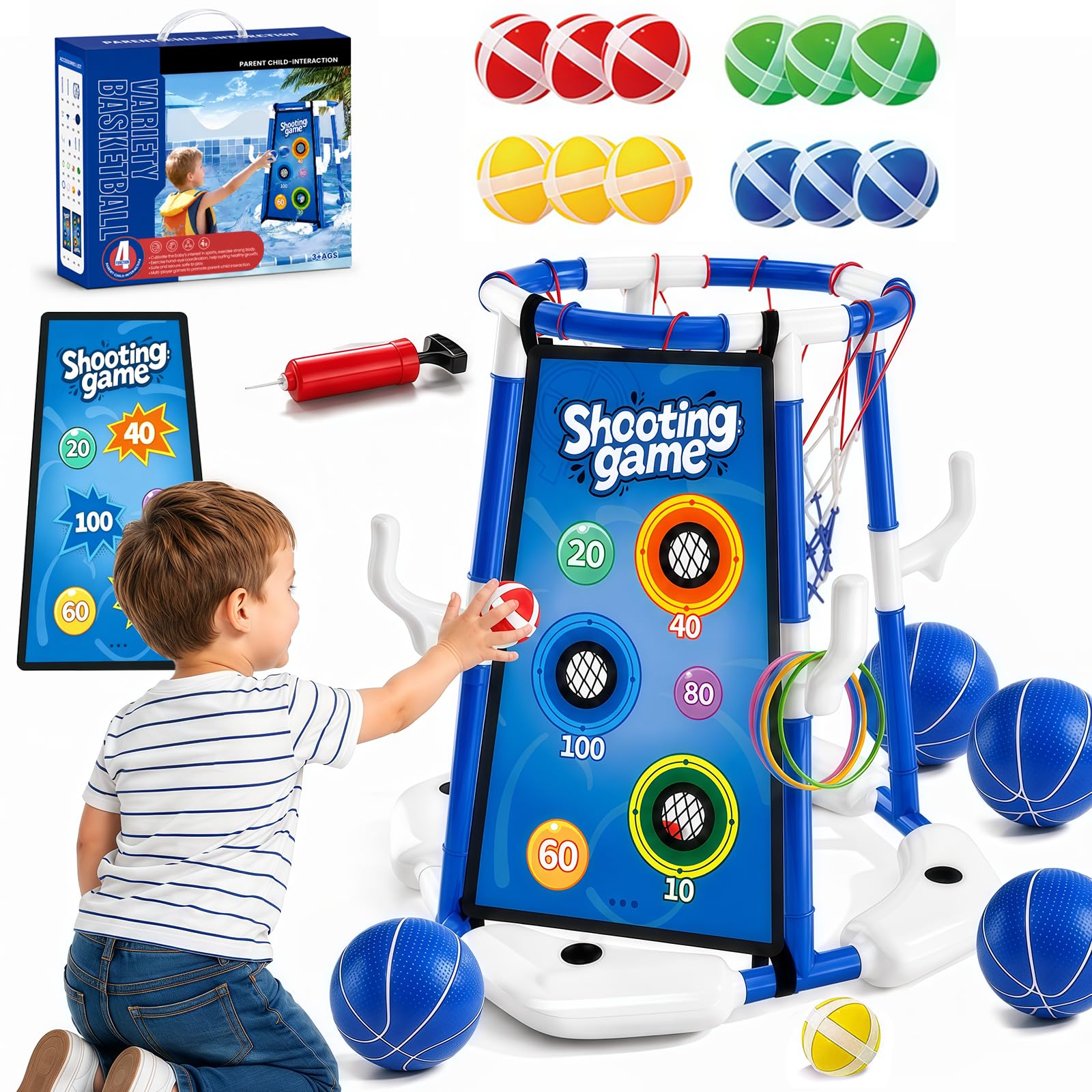 Ronronner 3-in-1 Pool Basketballkorb mit Sticky Ball Toss & Ring Toss, 12 Klebebällen, 4 Basketball, Wasserspielzeug für Kinder 4-8 & Erwachsene - Blau