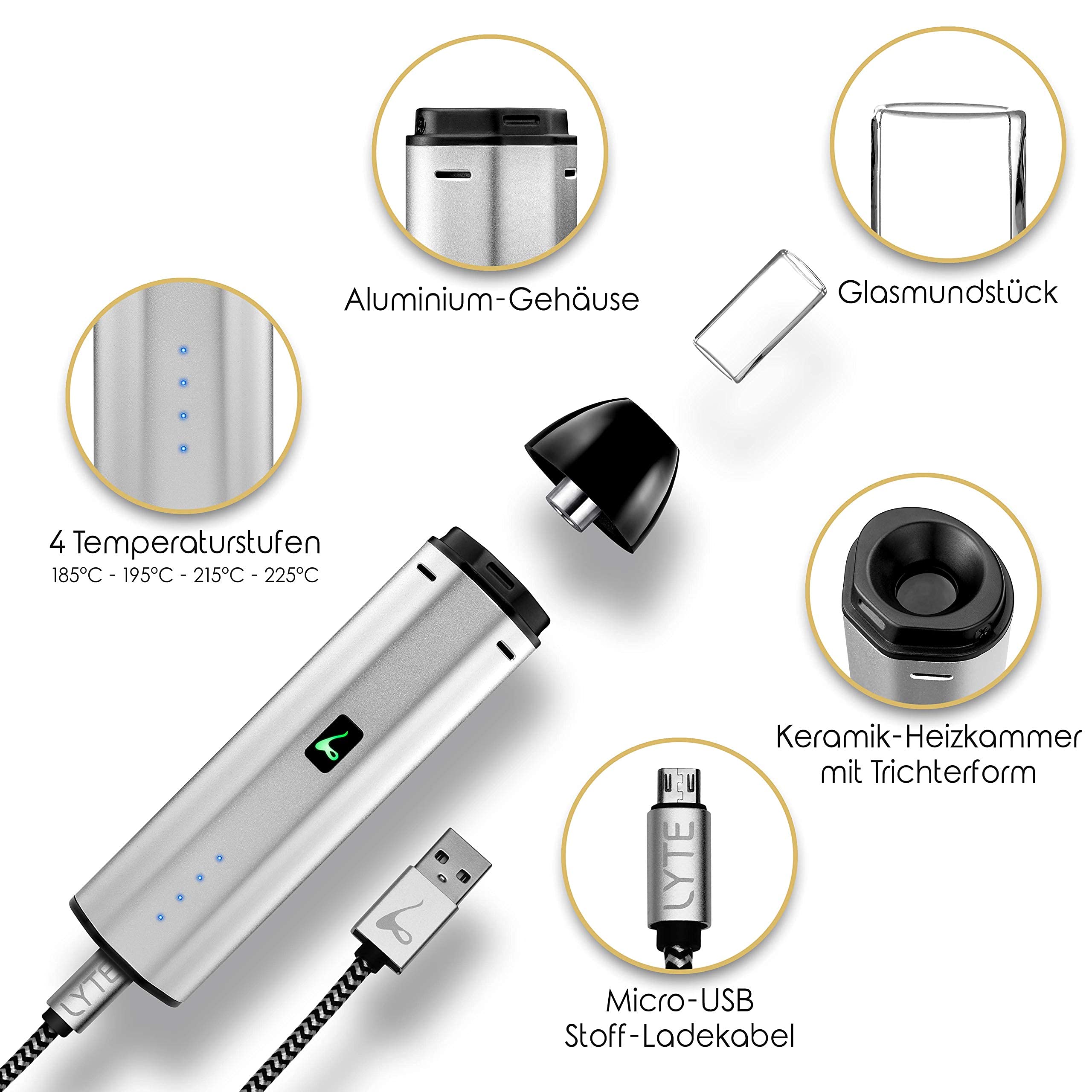 LYTE PATH Vaporizer | Höchste Qualität aus Bayern | Verdampfer für Kräuter | Keramik-Kammer | Einfache Bedienung | mit Glasmundstück | Aluminium Gehäuse | Design LYTE Deutschland | Nikotinfrei