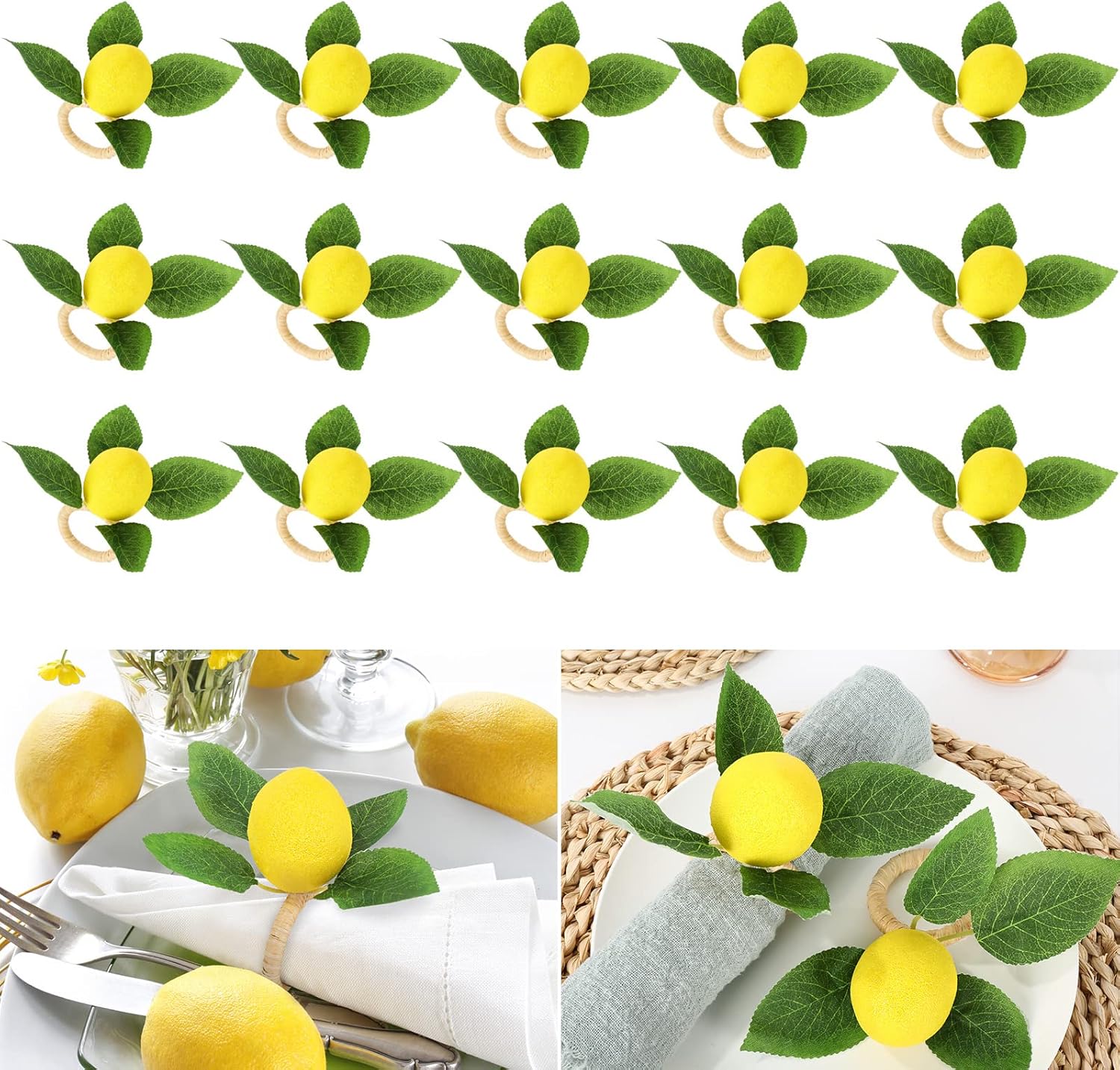 Whaline 15 Pcs Lemon Napkin Rings Faux Lemon with Vine Leaves Rustic Farmhouse Napkin Holders Yellow Summer Fruit Serviette Buckles for Wedding Banquet Birthday Party Dinner Table Decor