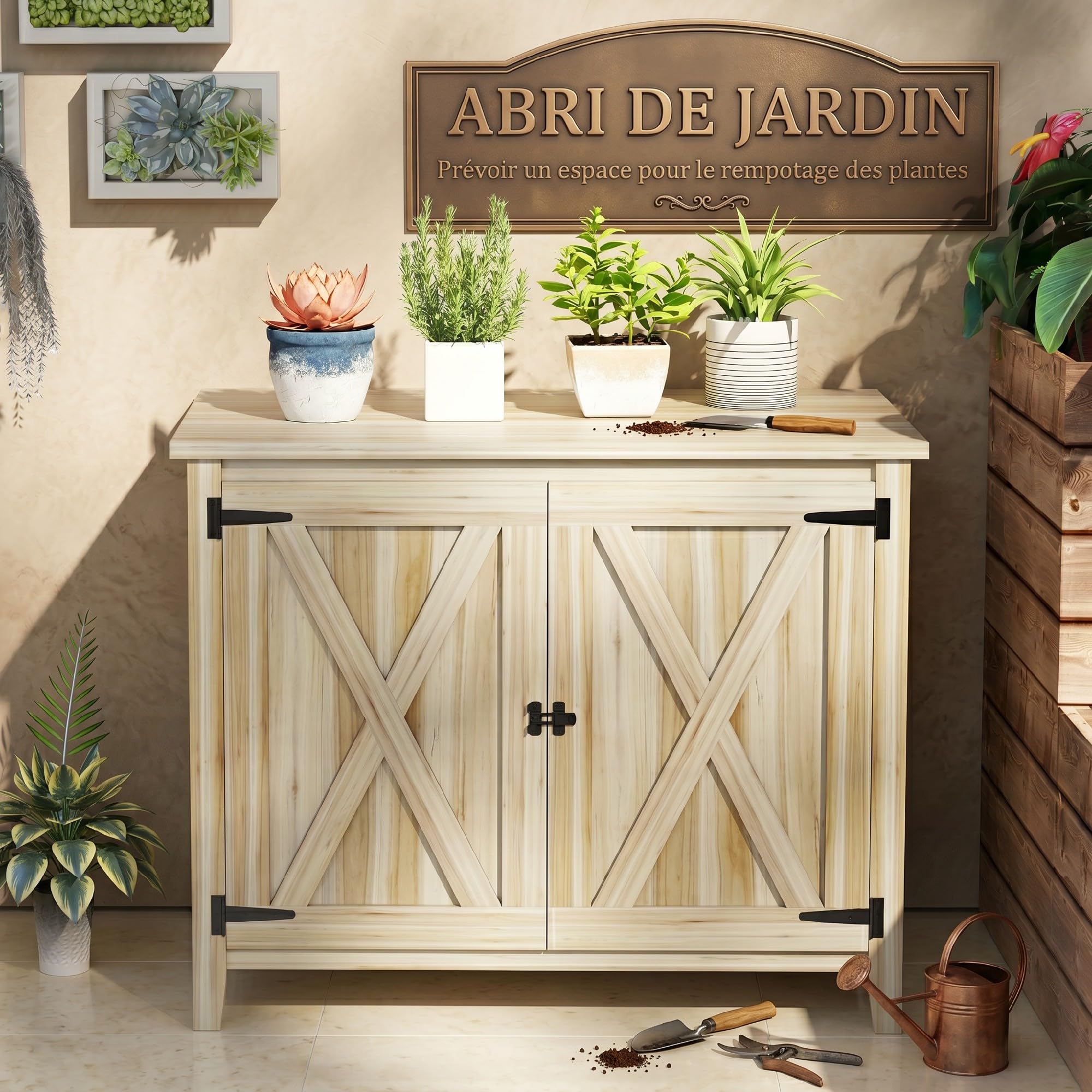 Outsunny Armoire de Jardin en Bois Étagères 110 x 60 x 88,5 cm Naturel | Double Portes, Placard de Jardin, Armoire à Outils