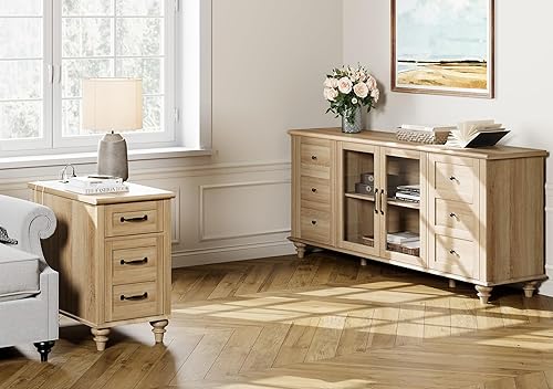 Miniatura 8 de WAMPAT Mesa auxiliar de granja con estación de carga, mesa auxiliar de sofá de madera clara con cajón y armario de almacenamiento, mesita de noche