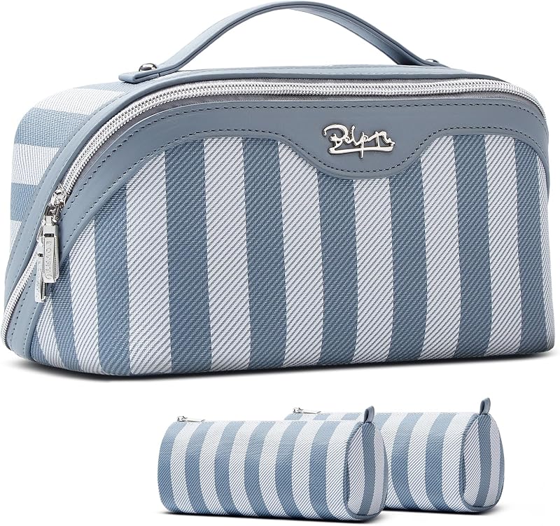 Necessaire de maquiagem BOYATU azul listrada com compartimentos e zíper, Pacote com 3